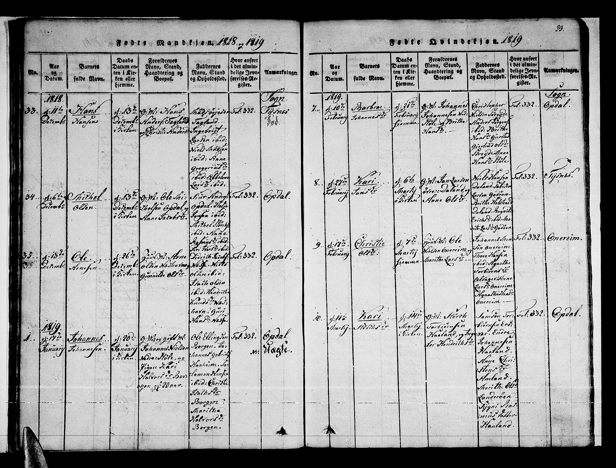 Tysnes sokneprestembete, AV/SAB-A-78601/H/Haa: Parish register (official) no. A 7, 1816-1826, p. 33