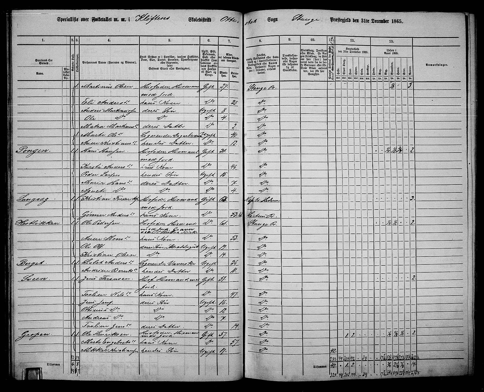 RA, 1865 census for Stange, 1865, p. 45