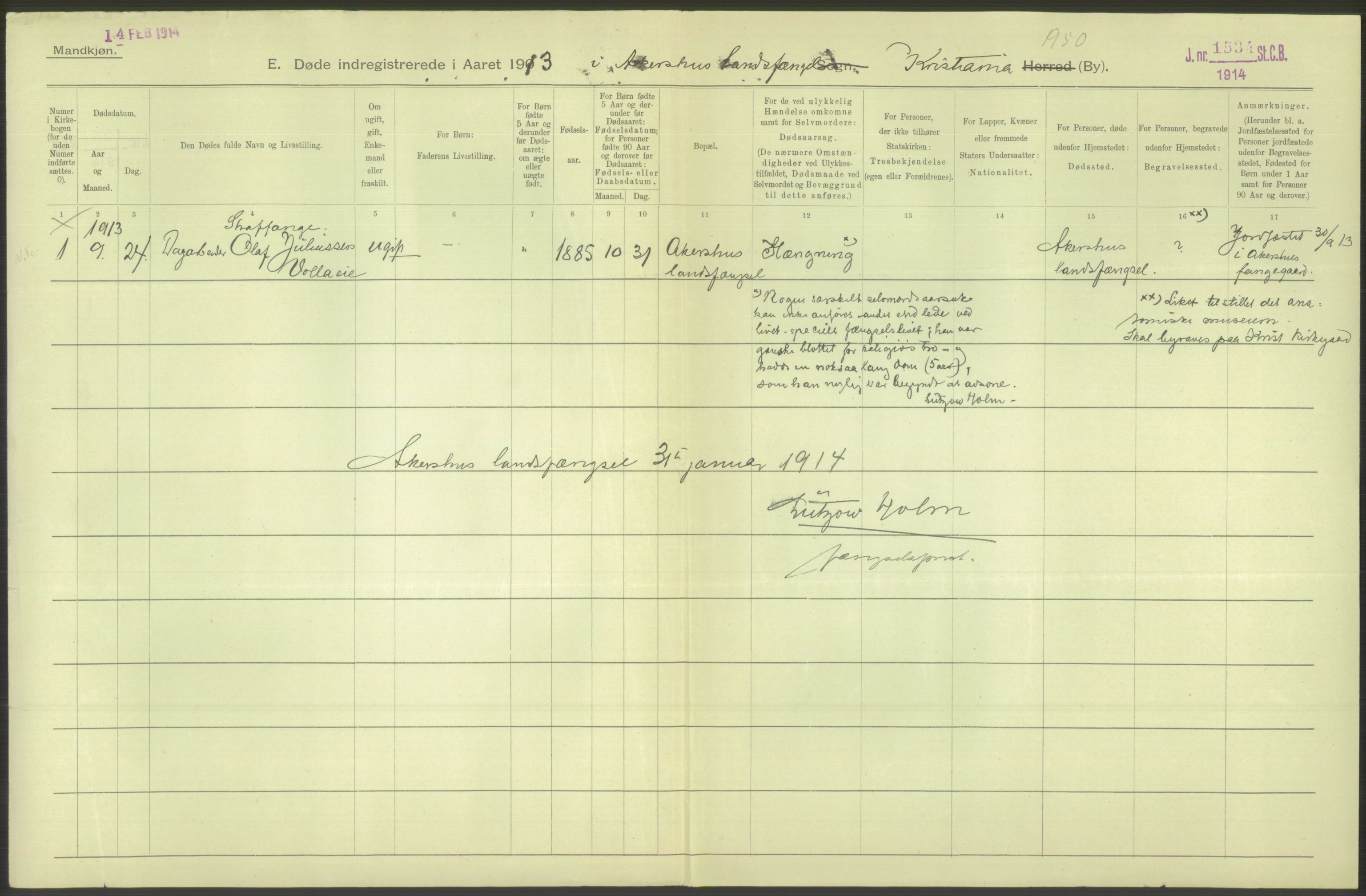 Statistisk sentralbyrå, Sosiodemografiske emner, Befolkning, RA/S-2228/D/Df/Dfb/Dfbc/L0010: Kristiania: Døde, dødfødte., 1913, p. 498