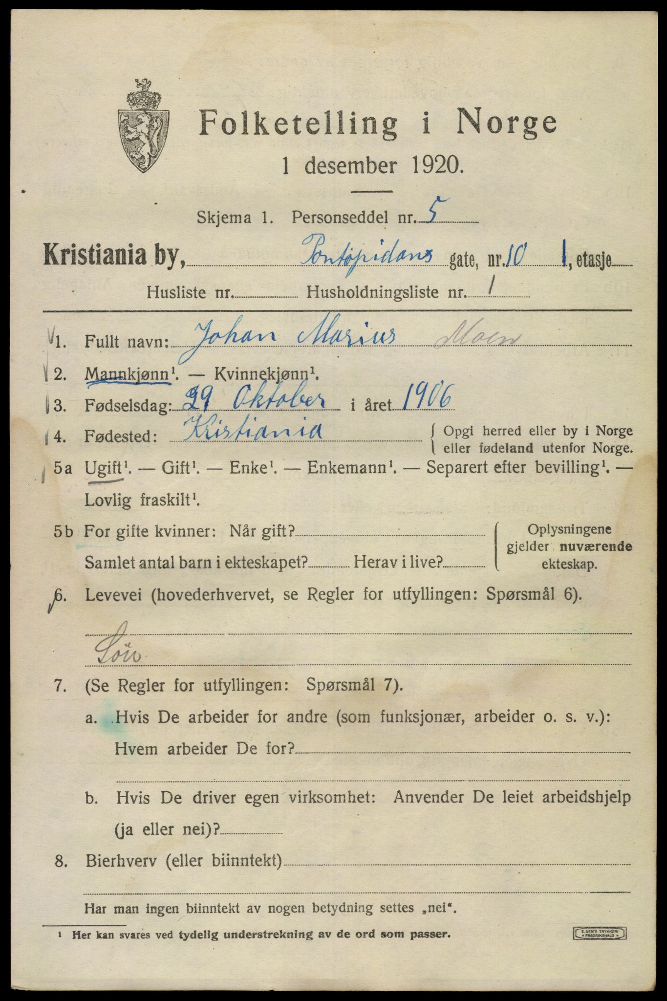 SAO, 1920 census for Kristiania, 1920, p. 456407