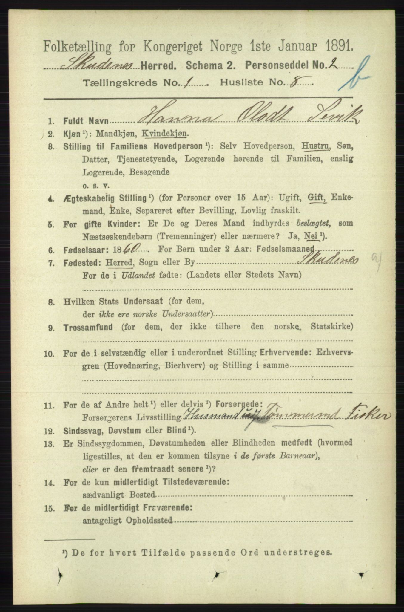 RA, 1891 census for 1150 Skudenes, 1891, p. 3443