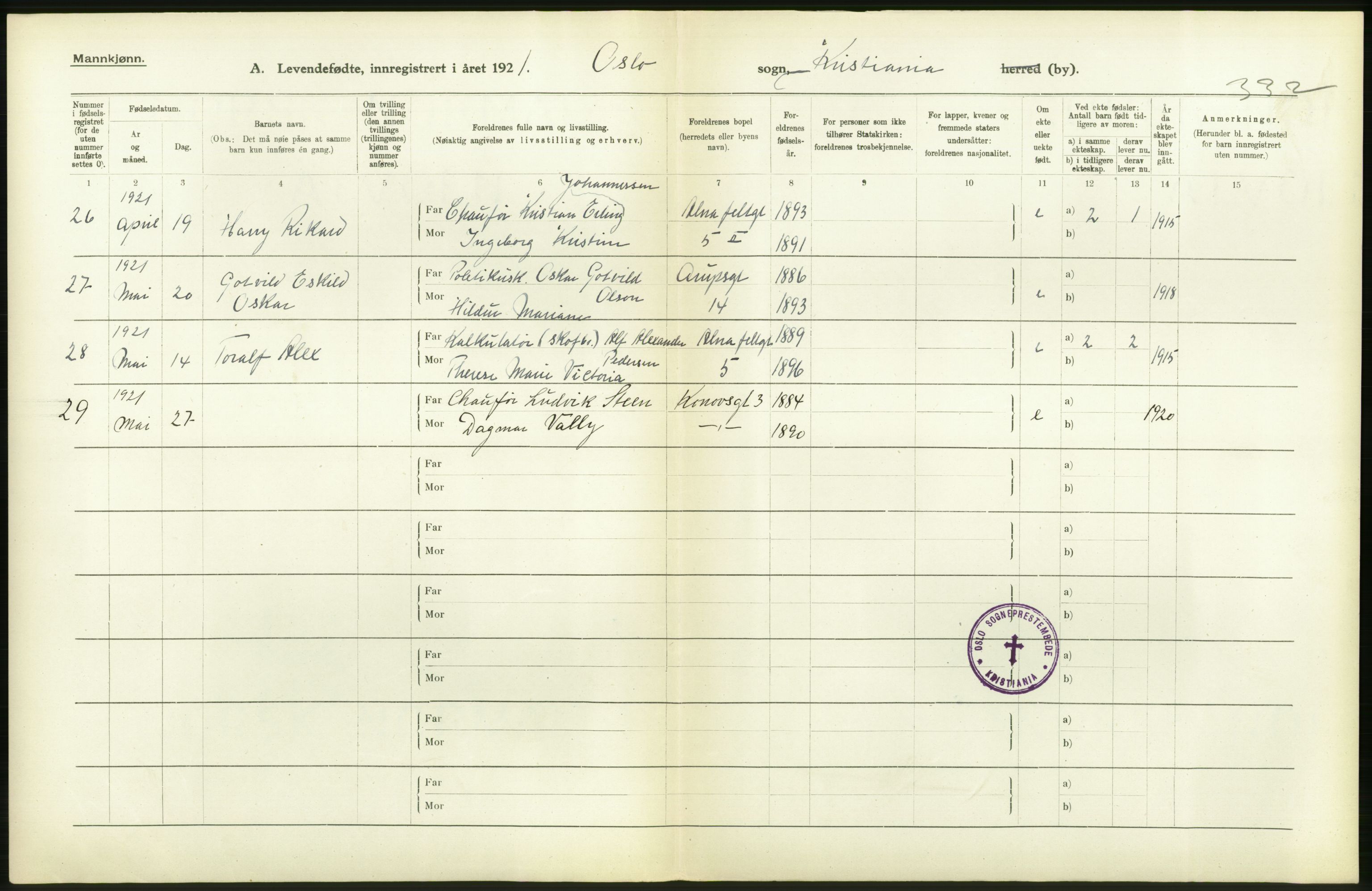 Statistisk sentralbyrå, Sosiodemografiske emner, Befolkning, RA/S-2228/D/Df/Dfc/Dfca/L0009: Kristiania: Levendefødte menn og kvinner., 1921, p. 210