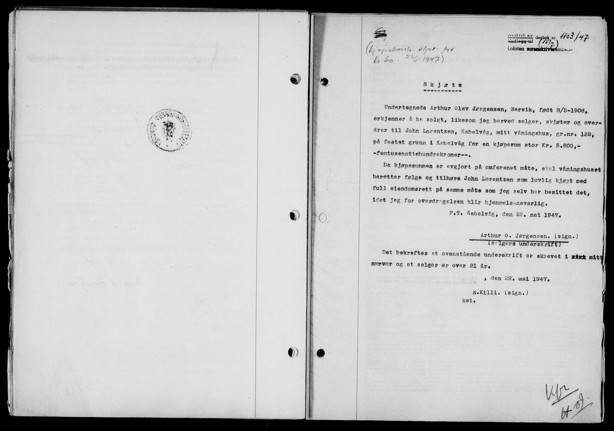 Lofoten sorenskriveri, SAT/A-0017/1/2/2C/L0016a: Mortgage book no. 16a, 1947-1947, Diary no: : 1103/1947