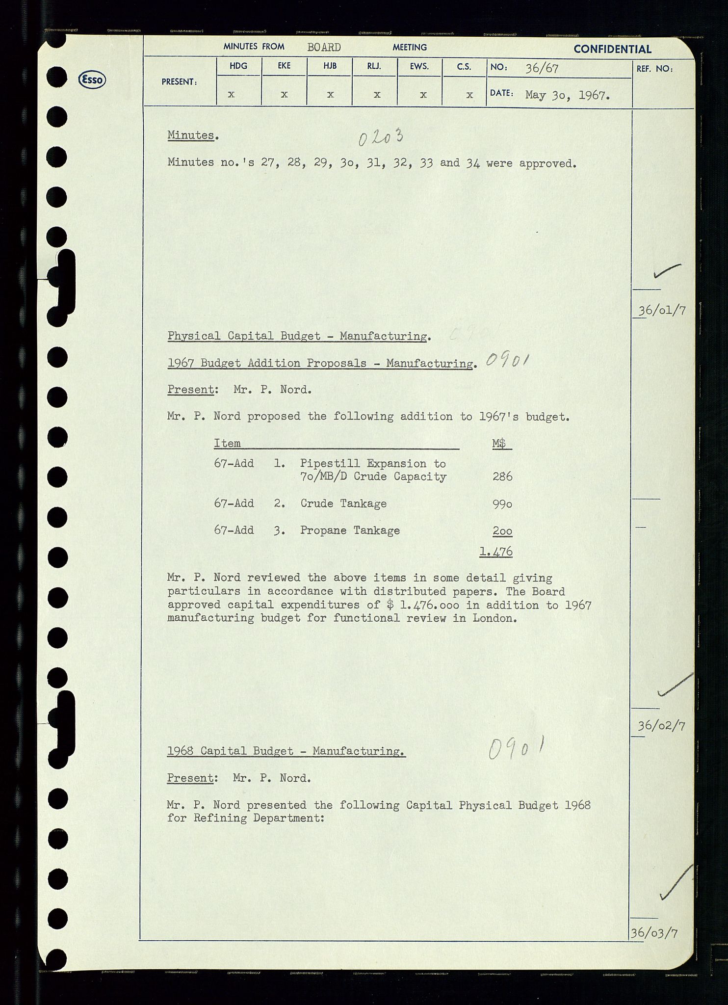 Pa 0982 - Esso Norge A/S, AV/SAST-A-100448/A/Aa/L0002/0003: Den administrerende direksjon Board minutes (styrereferater) / Den administrerende direksjon Board minutes (styrereferater), 1967, p. 71