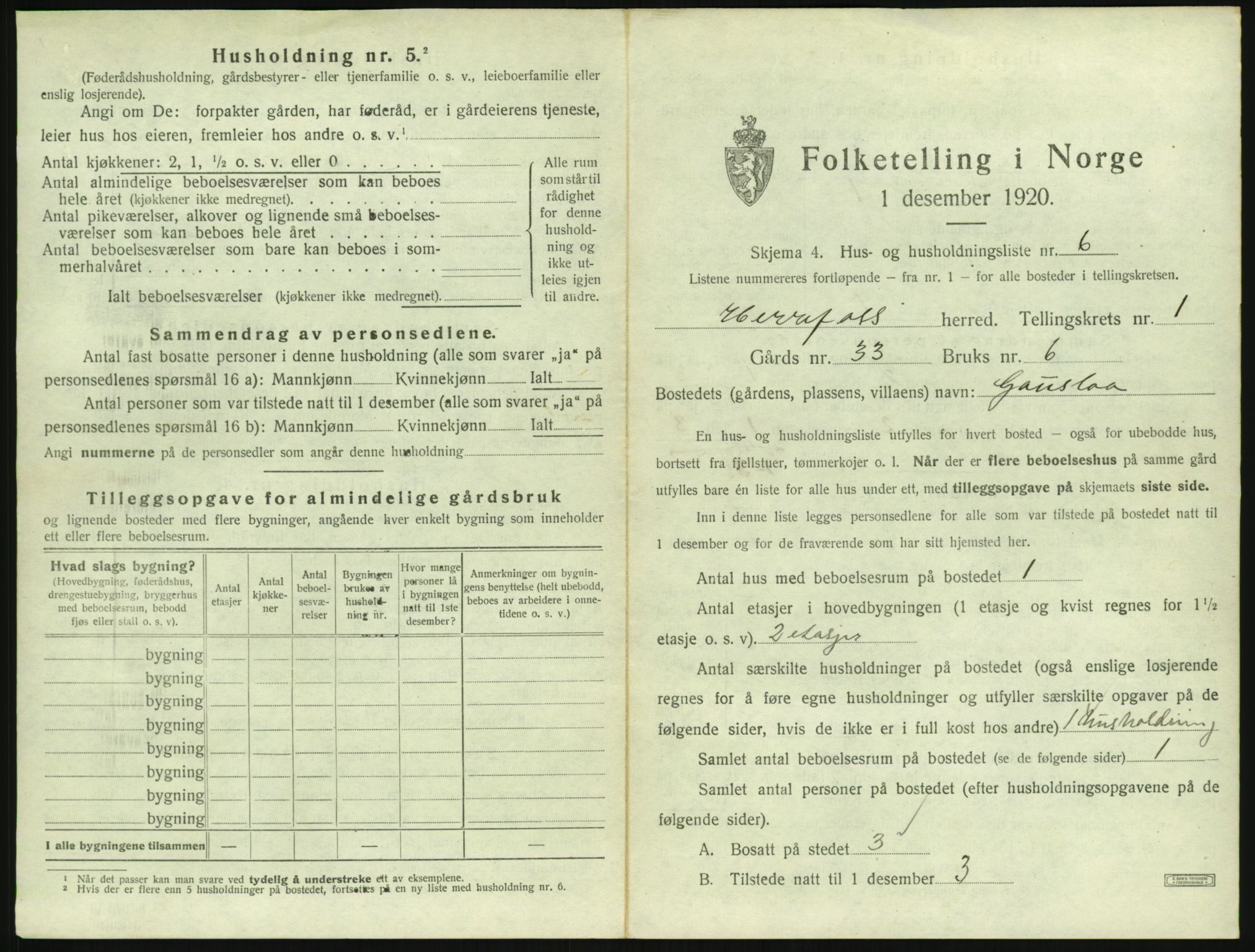 SAK, 1920 census for Herefoss, 1920, p. 38