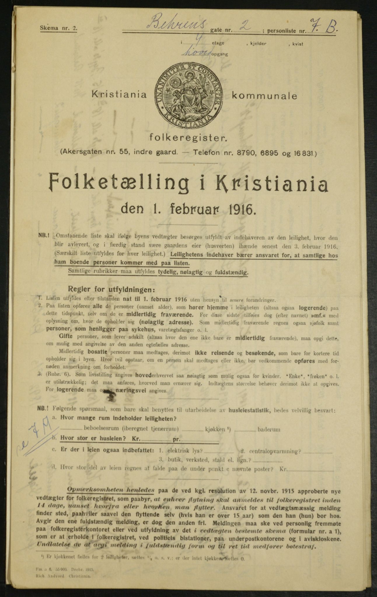 OBA, Municipal Census 1916 for Kristiania, 1916, p. 3433