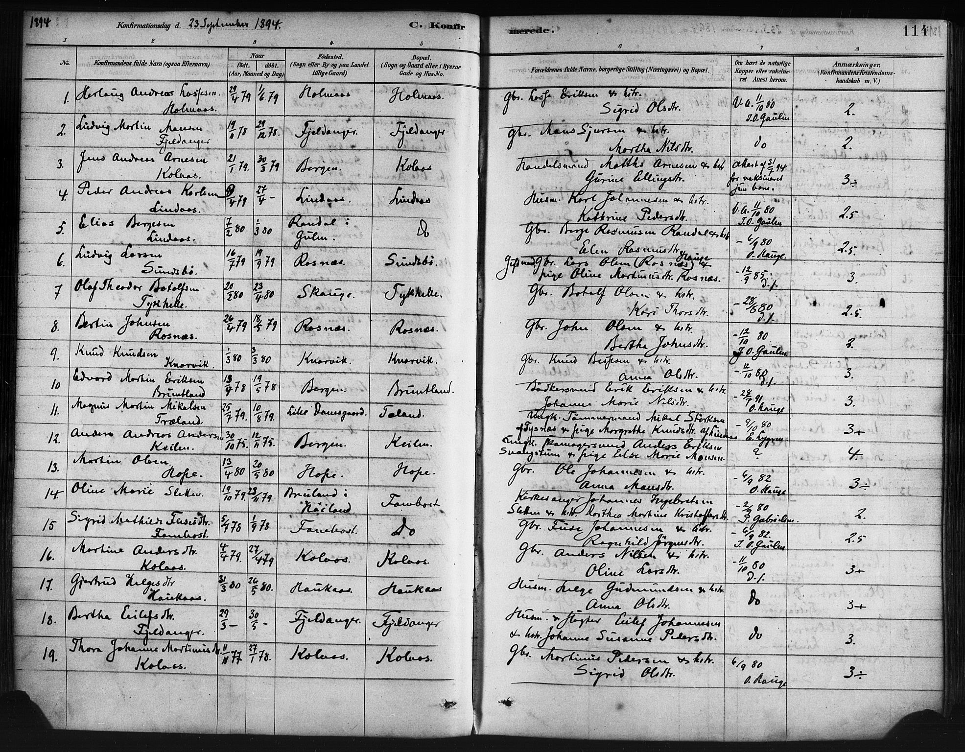 Lindås Sokneprestembete, AV/SAB-A-76701/H/Haa/Haaa/L0019: Parish register (official) no. A 19, 1878-1912, p. 114