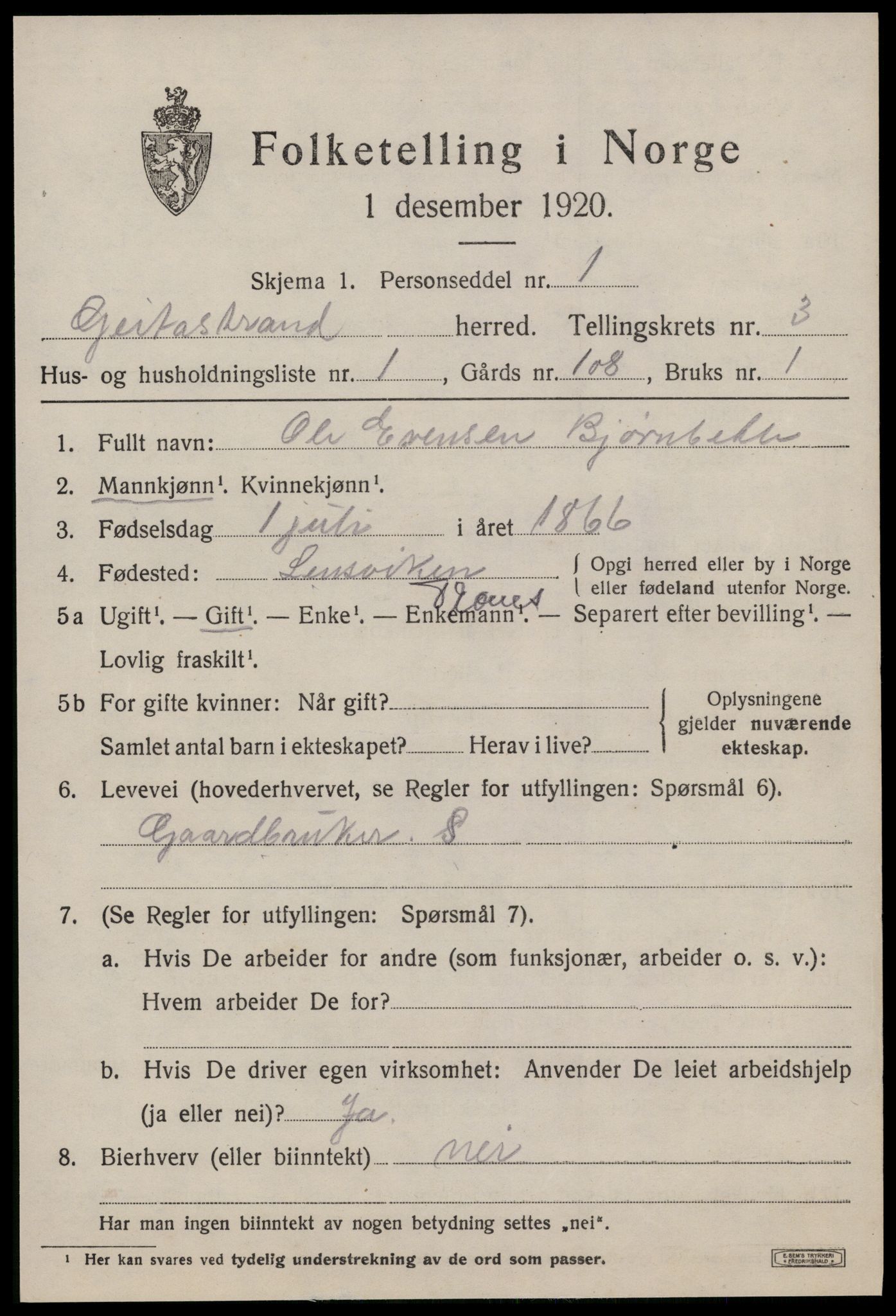 SAT, 1920 census for Geitastrand, 1920, p. 1301