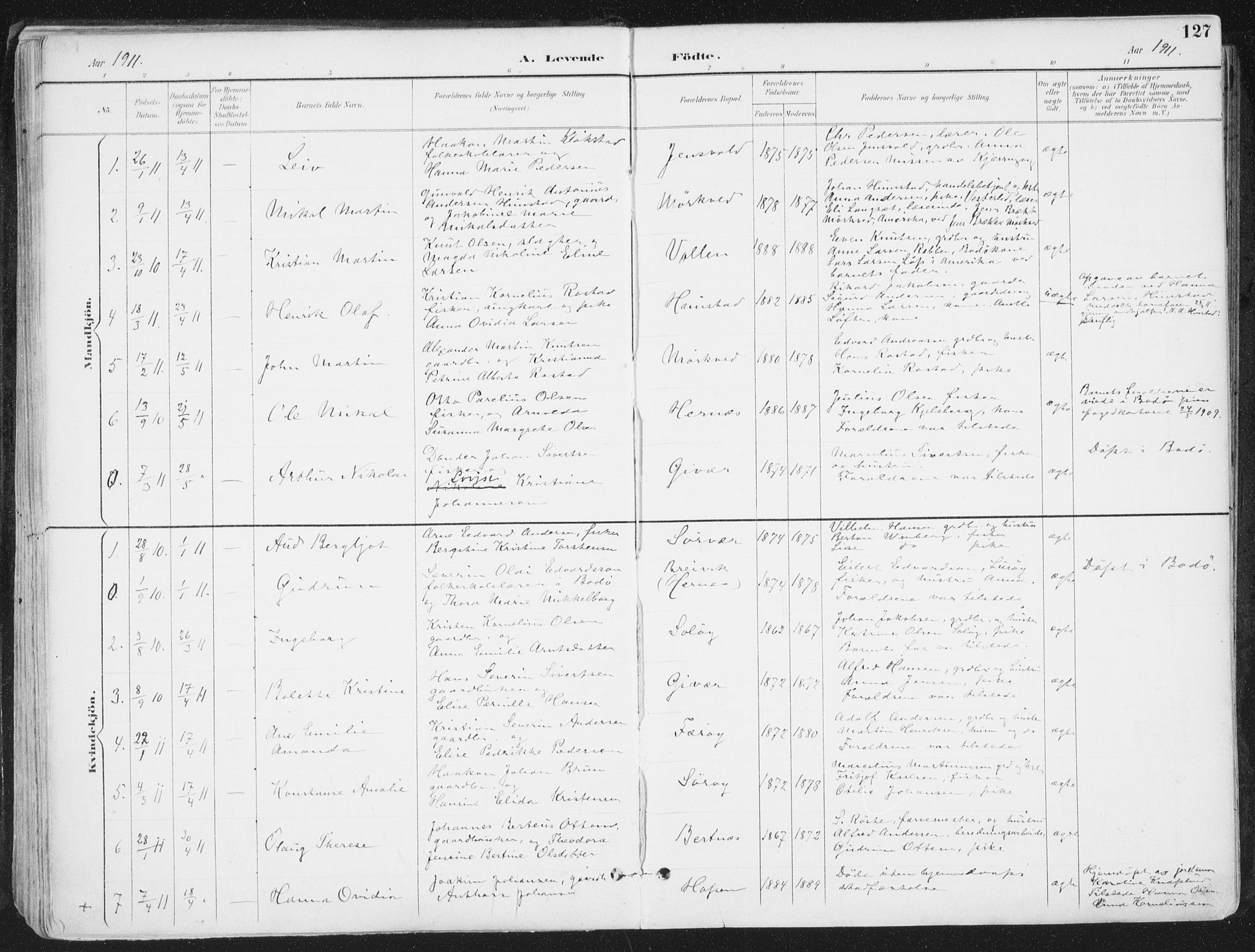 Ministerialprotokoller, klokkerbøker og fødselsregistre - Nordland, SAT/A-1459/802/L0055: Parish register (official) no. 802A02, 1894-1915, p. 127