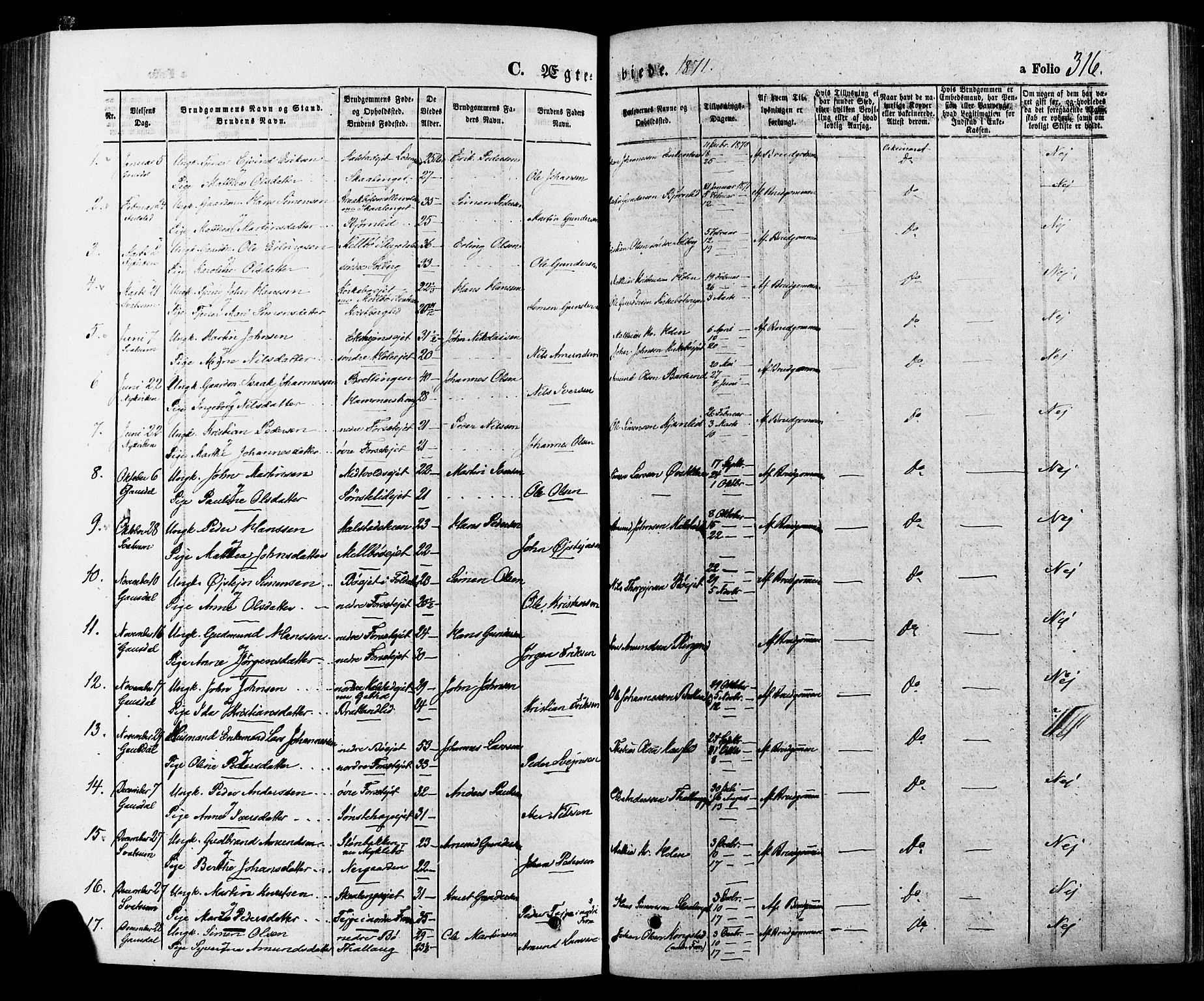 Gausdal prestekontor, SAH/PREST-090/H/Ha/Haa/L0010: Parish register (official) no. 10, 1867-1886, p. 316