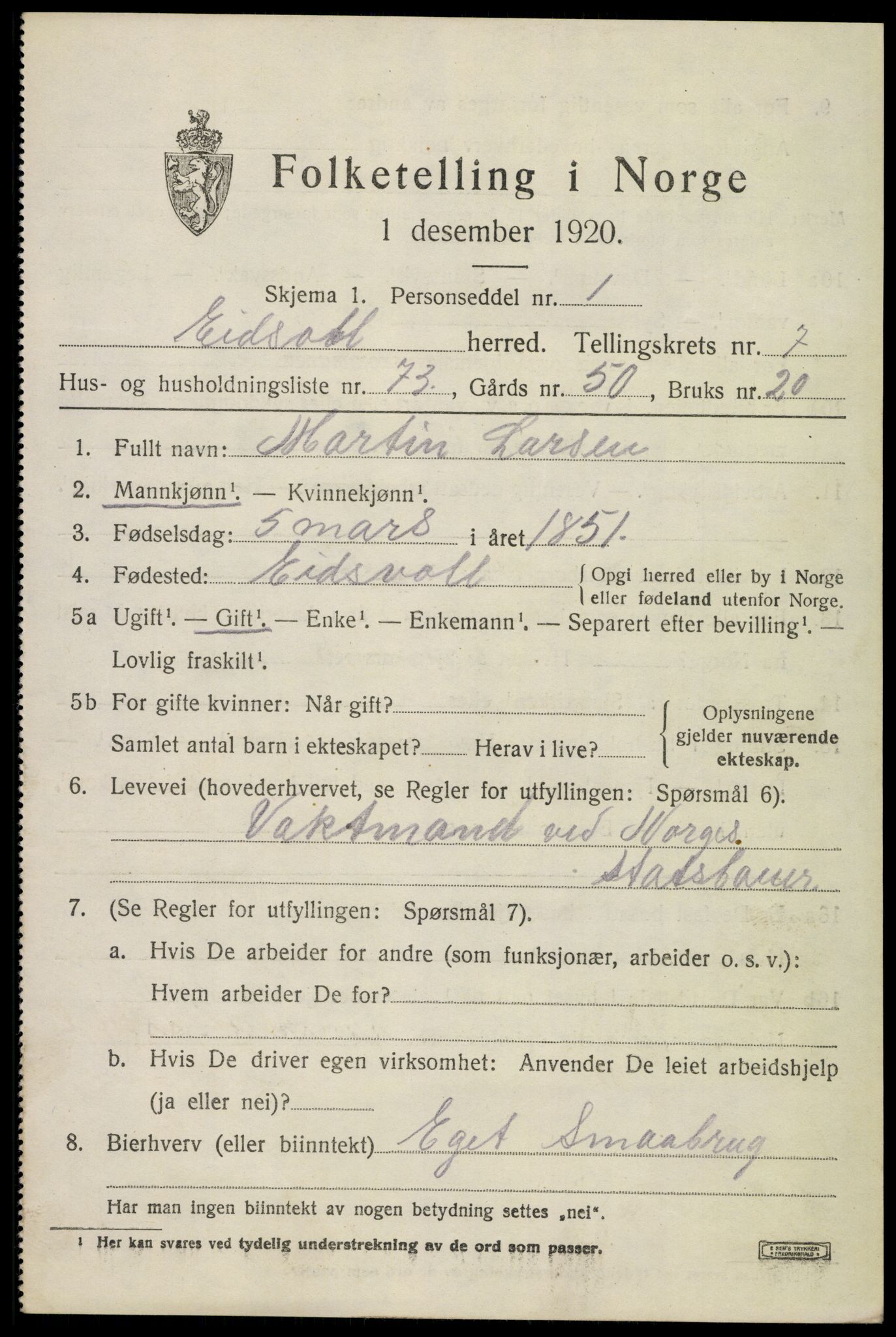 SAO, 1920 census for Eidsvoll, 1920, p. 12771