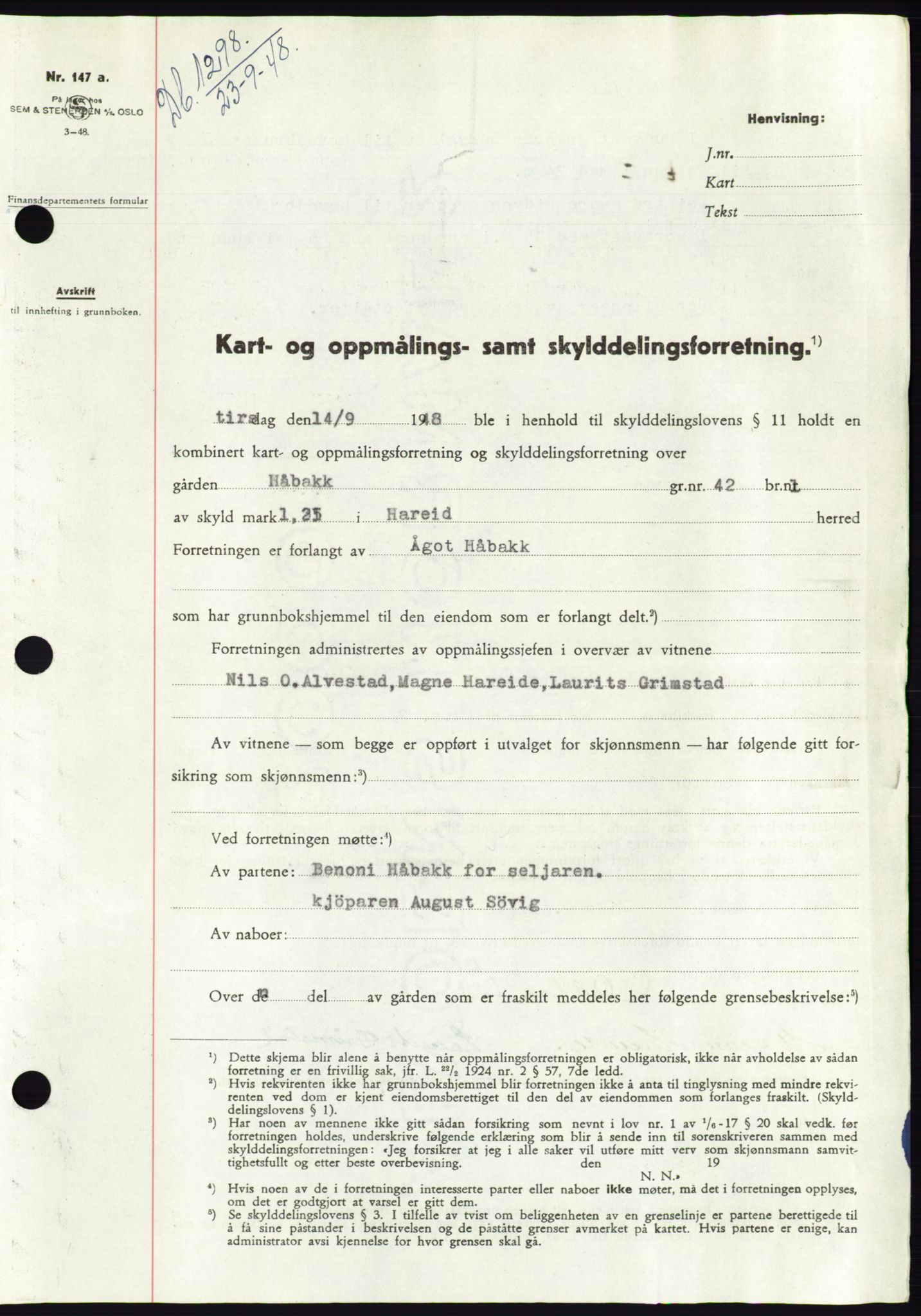 Søre Sunnmøre sorenskriveri, AV/SAT-A-4122/1/2/2C/L0083: Mortgage book no. 9A, 1948-1949, Diary no: : 1298/1948