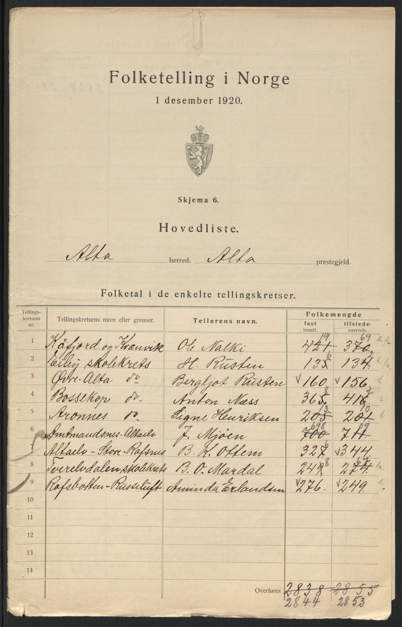 SATØ, 1920 census for Alta, 1920, p. 3