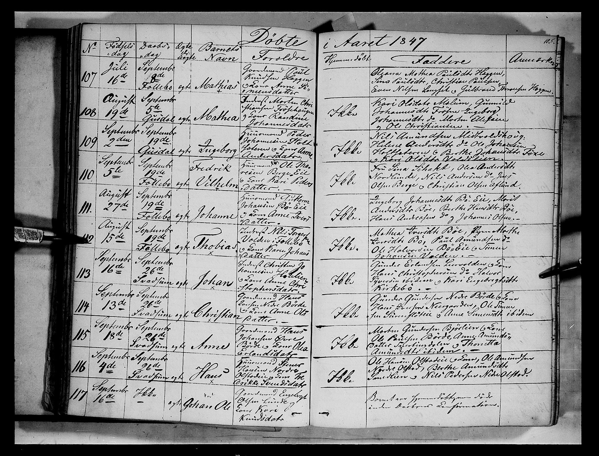 Gausdal prestekontor, SAH/PREST-090/H/Ha/Haa/L0007: Parish register (official) no. 7, 1840-1850, p. 105