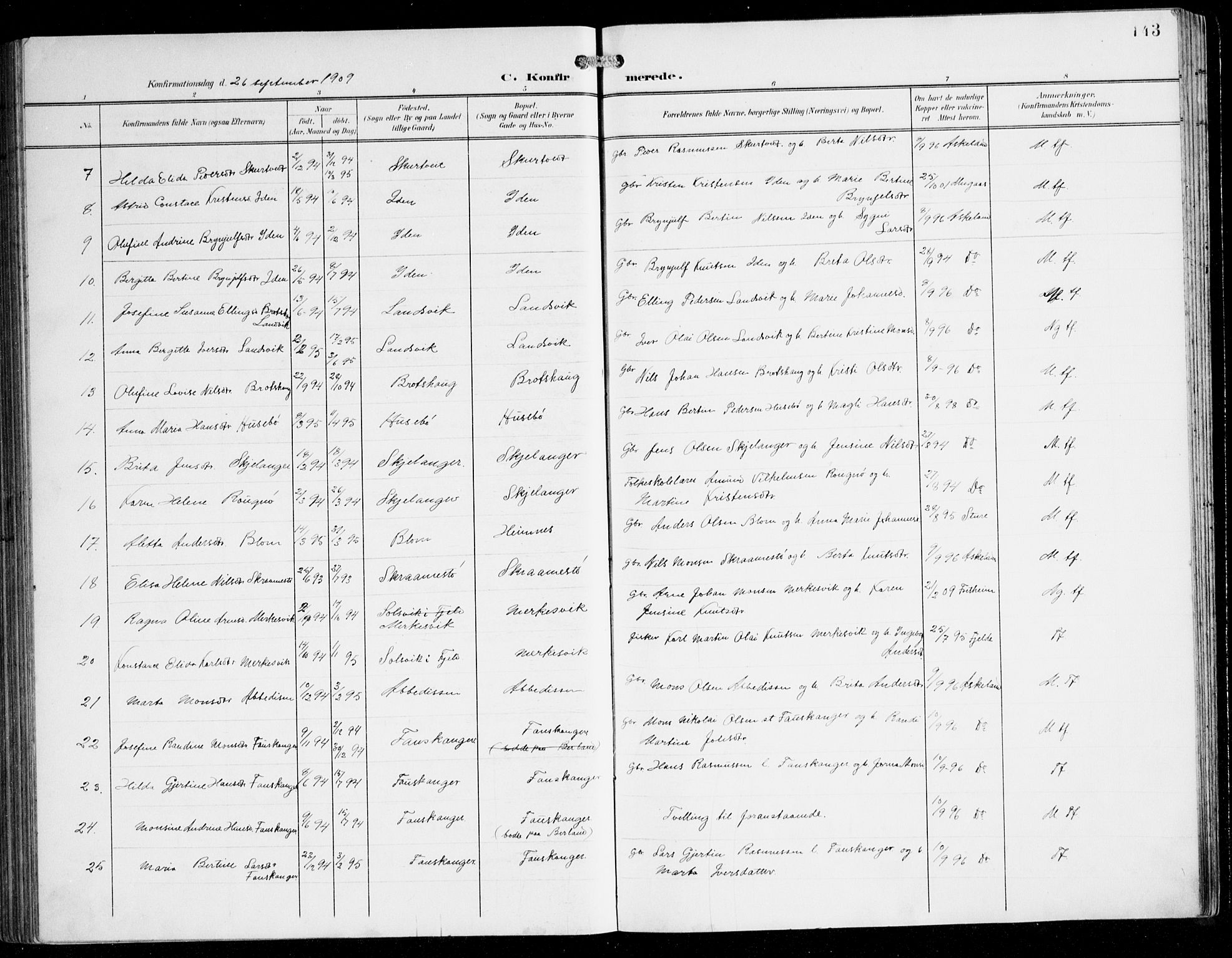 Herdla Sokneprestembete, AV/SAB-A-75701/H/Hab: Parish register (copy) no. C 1, 1900-1913, p. 143