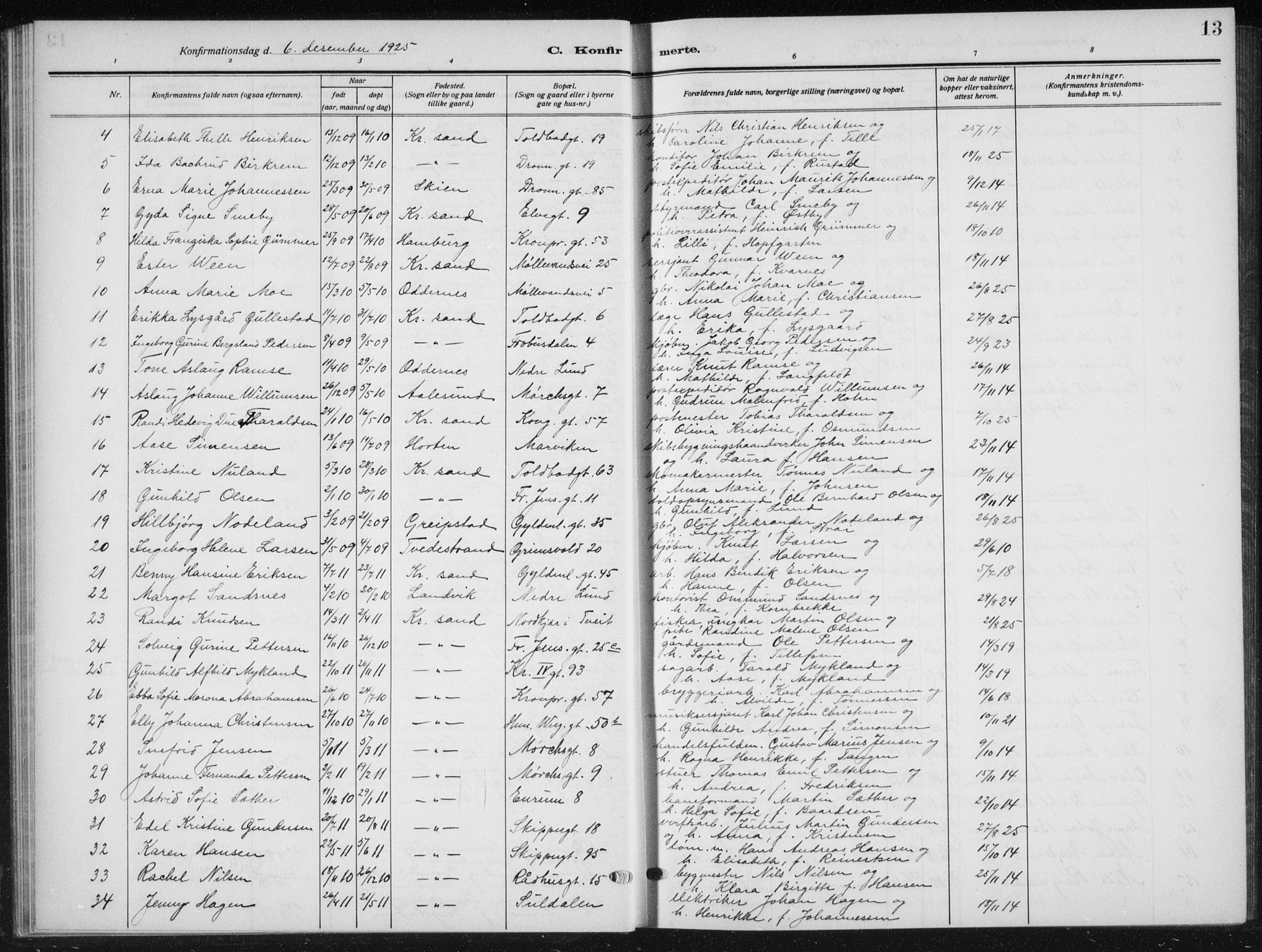 Kristiansand domprosti, AV/SAK-1112-0006/F/Fb/L0025: Parish register (copy) no. B 25, 1924-1934, p. 13