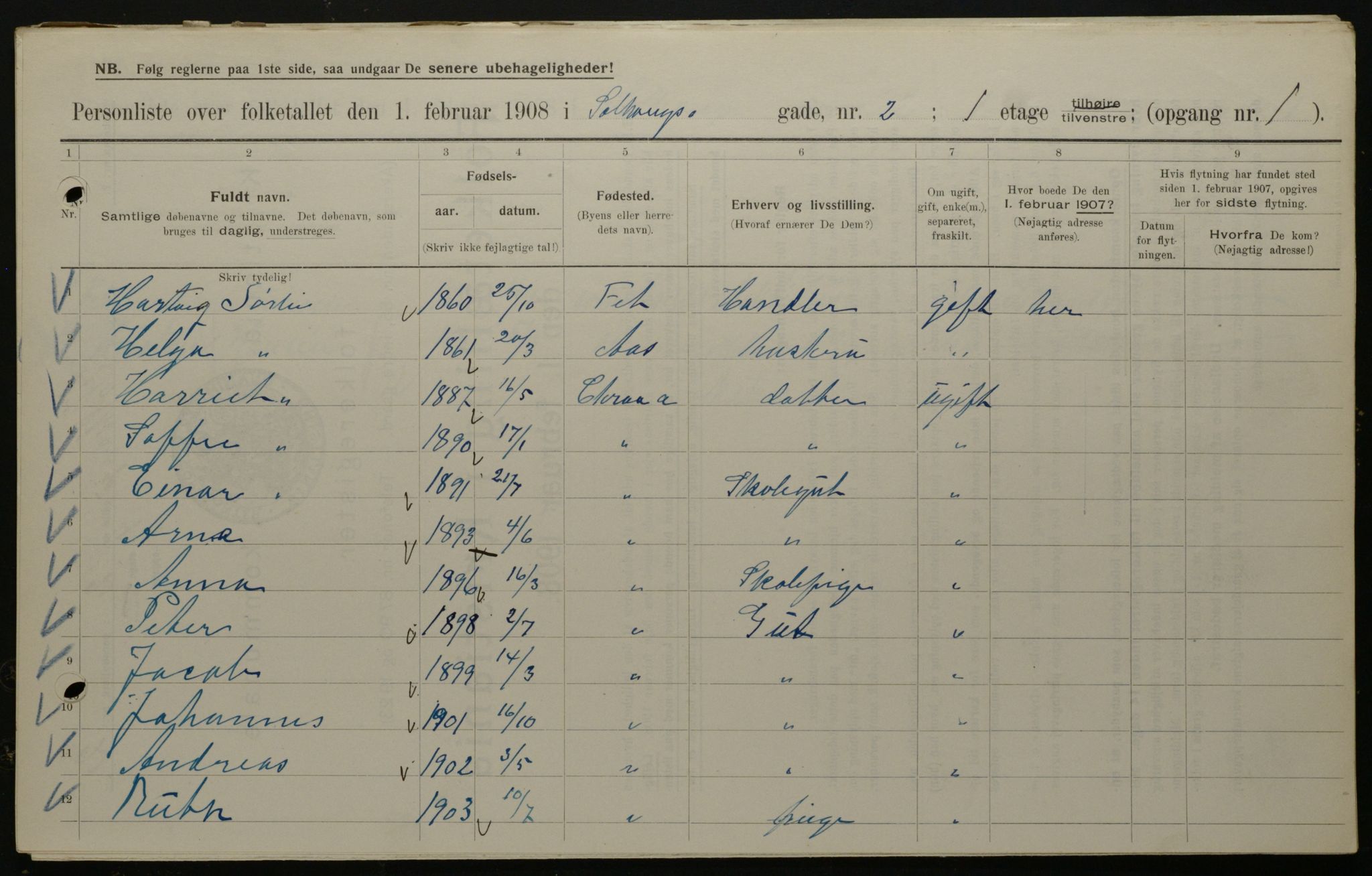 OBA, Municipal Census 1908 for Kristiania, 1908, p. 89574