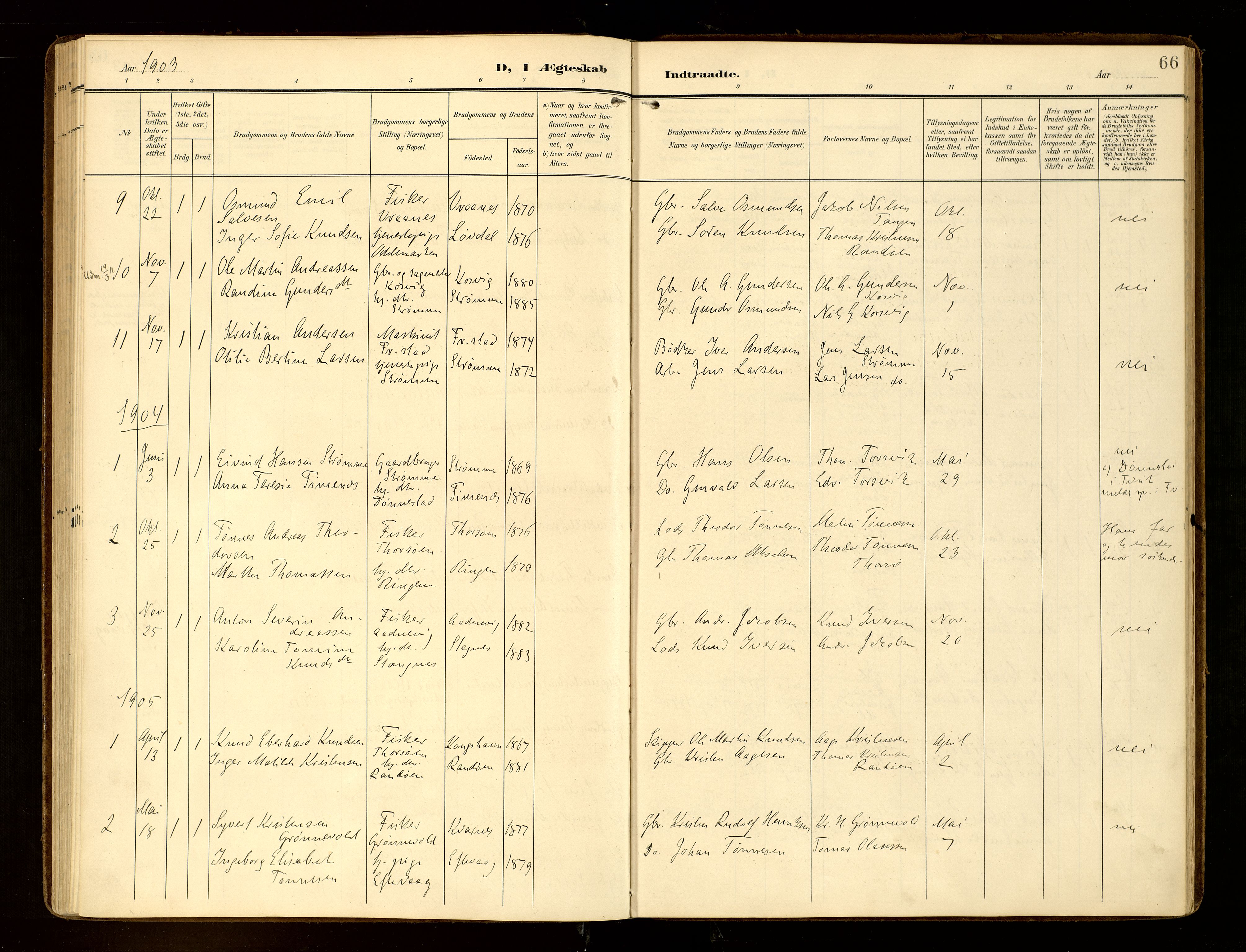 Oddernes sokneprestkontor, AV/SAK-1111-0033/F/Fa/Fab/L0003: Parish register (official) no. A 3, 1903-1916, p. 66