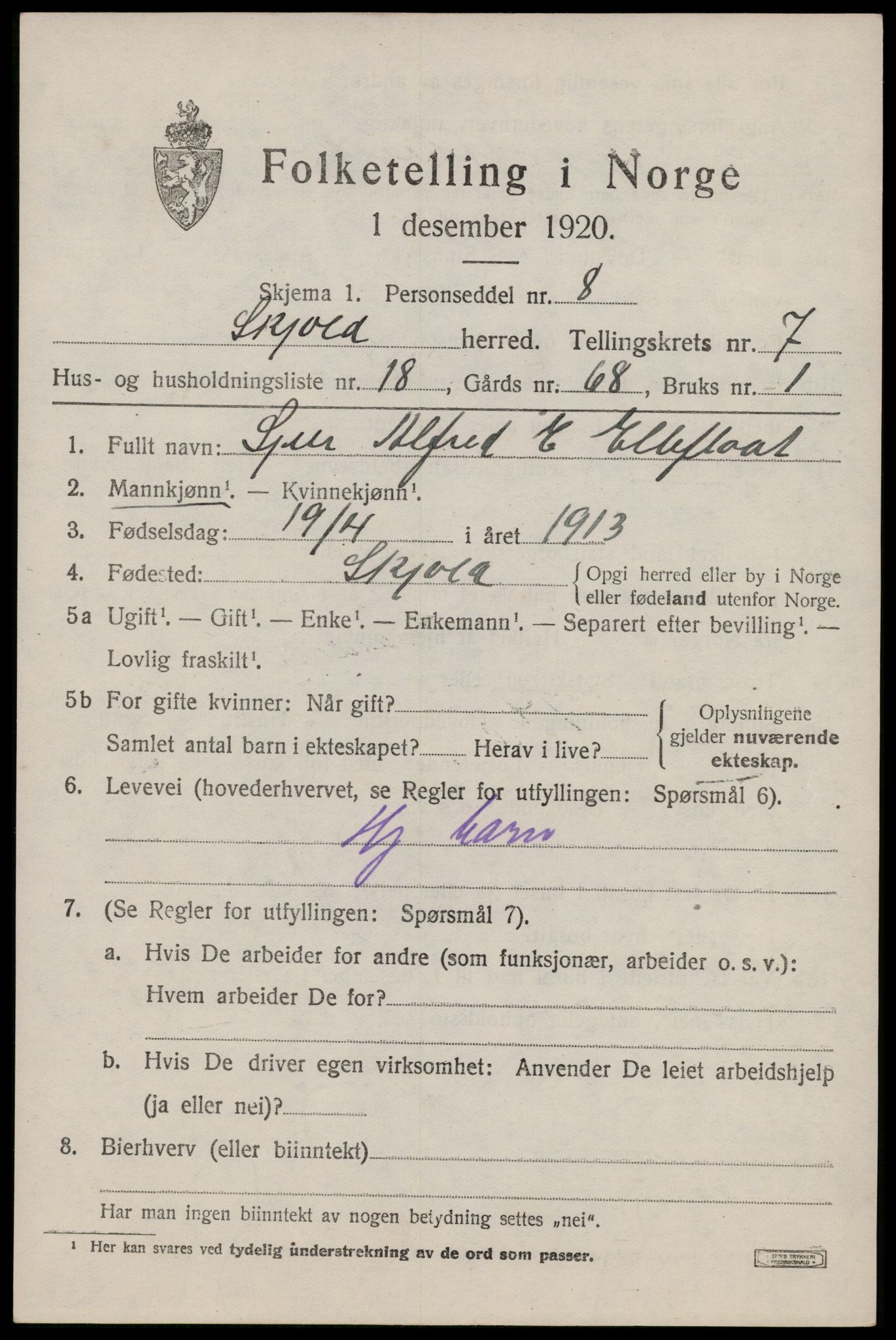 SAST, 1920 census for Skjold, 1920, p. 4056