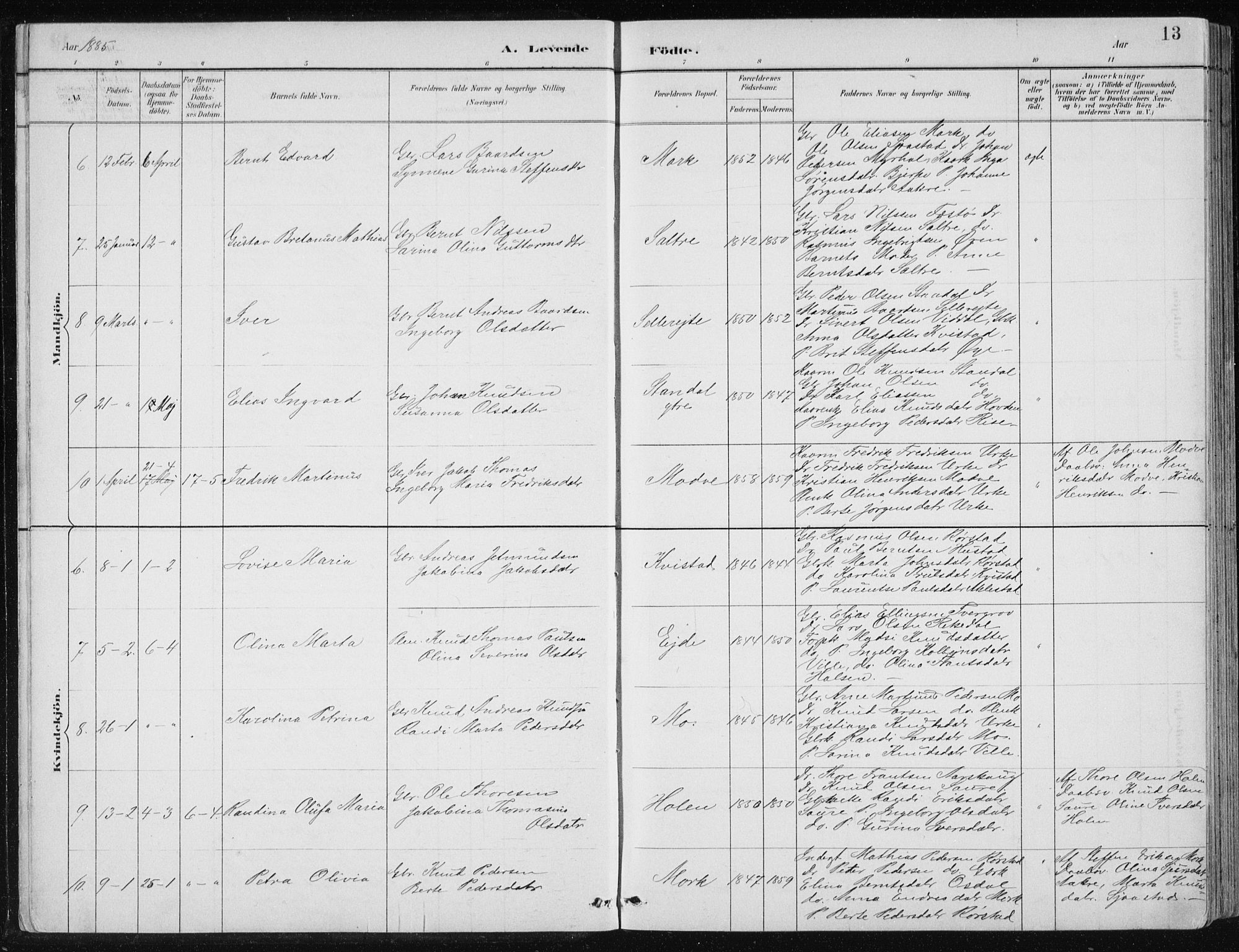 Ministerialprotokoller, klokkerbøker og fødselsregistre - Møre og Romsdal, AV/SAT-A-1454/515/L0215: Parish register (copy) no. 515C02, 1884-1906, p. 13