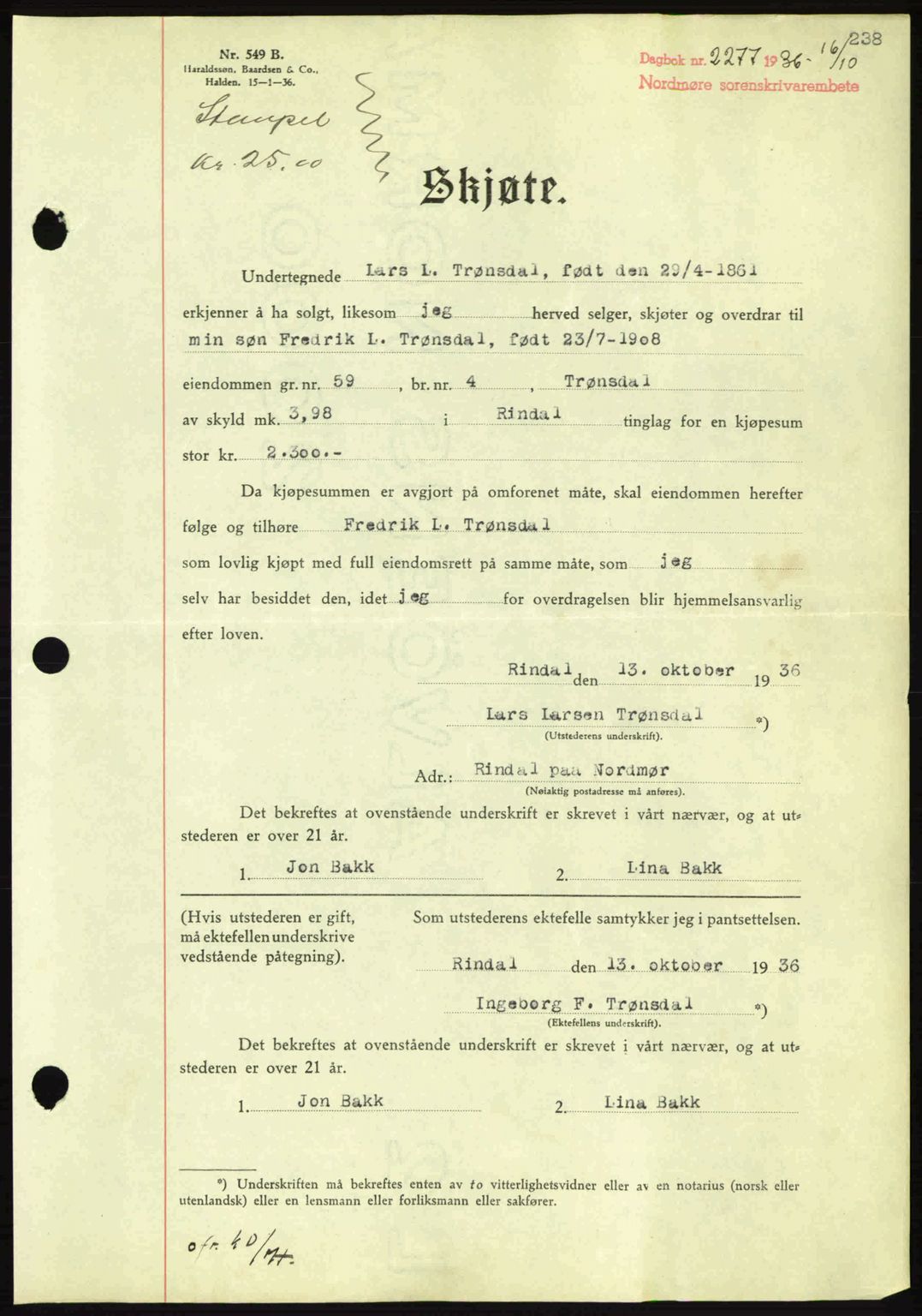 Nordmøre sorenskriveri, AV/SAT-A-4132/1/2/2Ca: Mortgage book no. A80, 1936-1937, Diary no: : 2277/1936