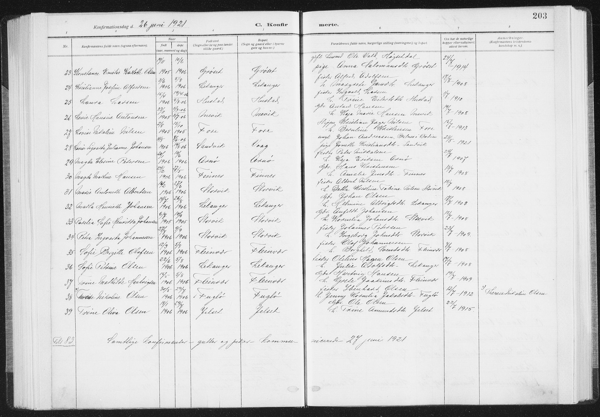 Ministerialprotokoller, klokkerbøker og fødselsregistre - Nordland, SAT/A-1459/805/L0104: Parish register (official) no. 805A09, 1909-1926, p. 203