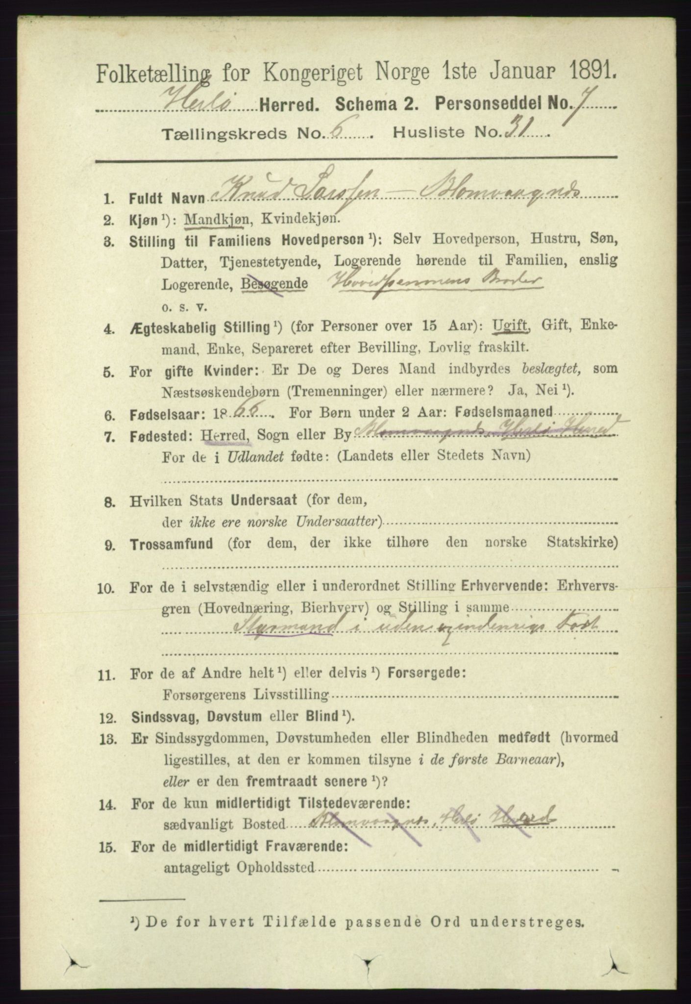 RA, 1891 census for 1258 Herdla, 1891, p. 2841