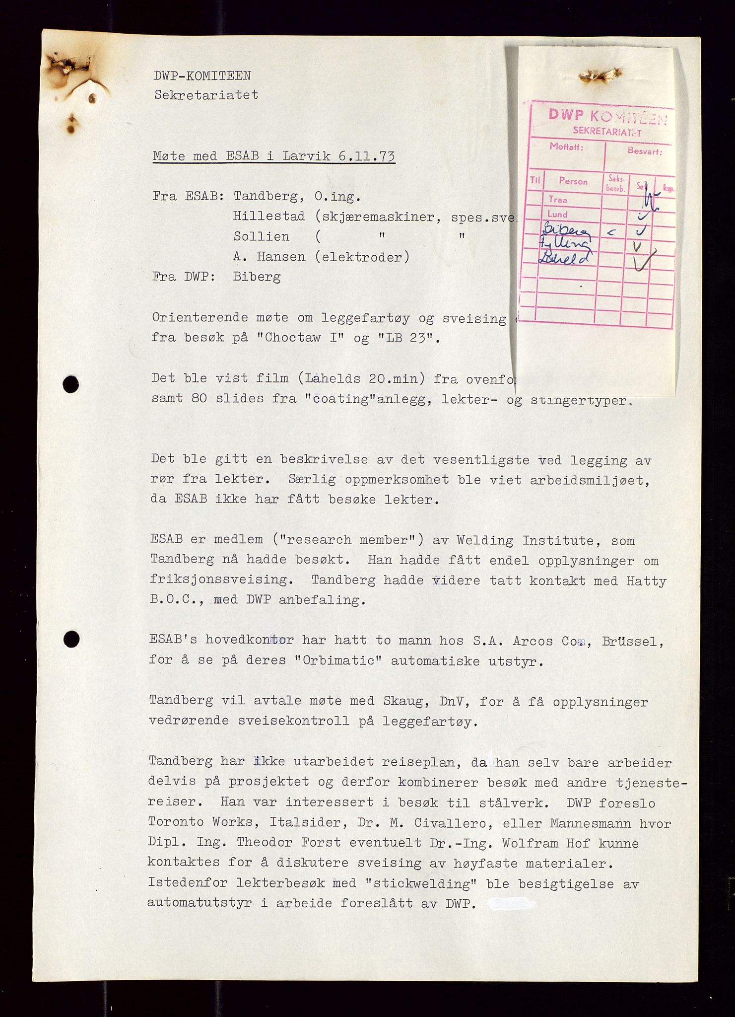 Industridepartementet, Oljekontoret, AV/SAST-A-101348/Di/L0001: DWP, møter juni - november, komiteemøter nr. 19 - 26, 1973-1974, p. 412