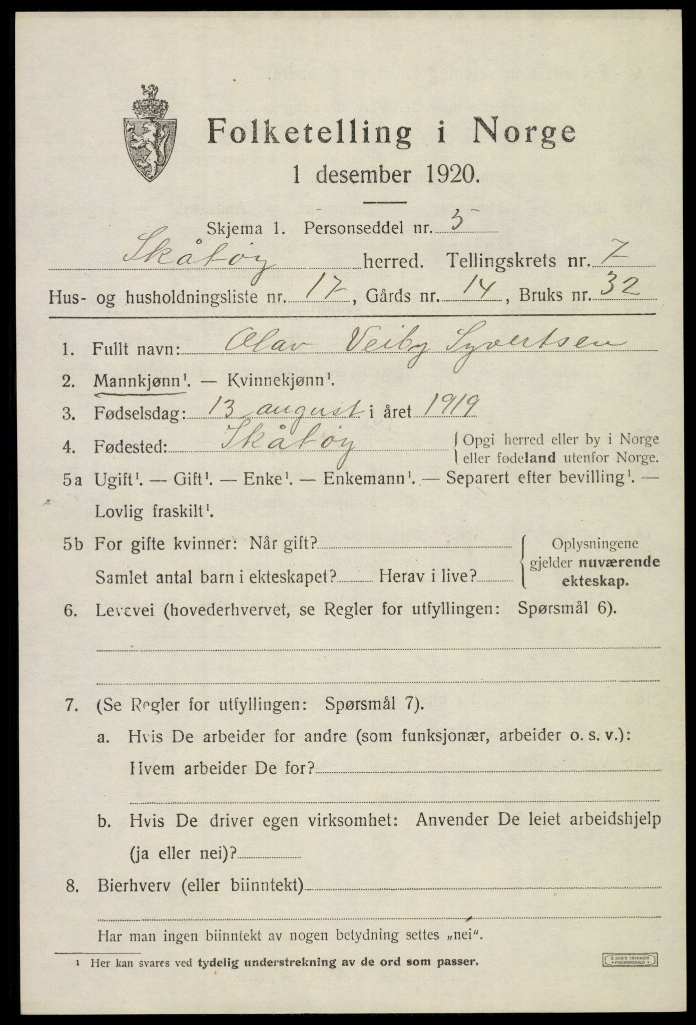SAKO, 1920 census for Skåtøy, 1920, p. 5492