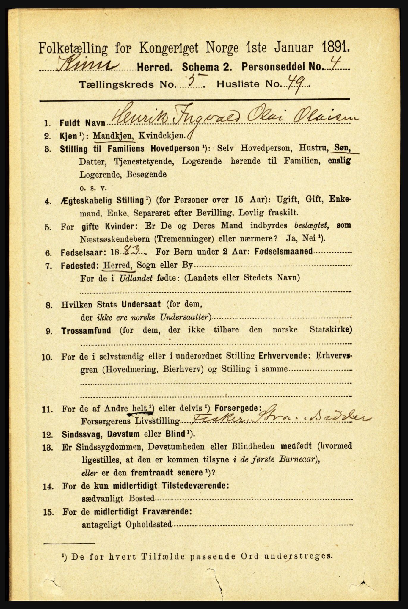RA, 1891 census for 1437 Kinn, 1891, p. 2086