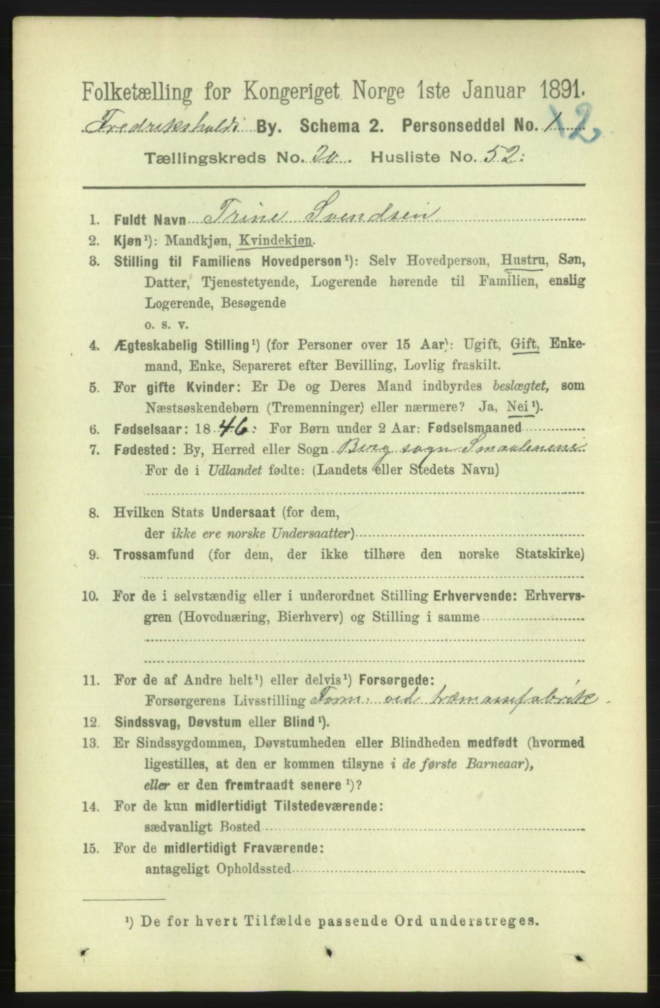 RA, 1891 census for 0101 Fredrikshald, 1891, p. 13070