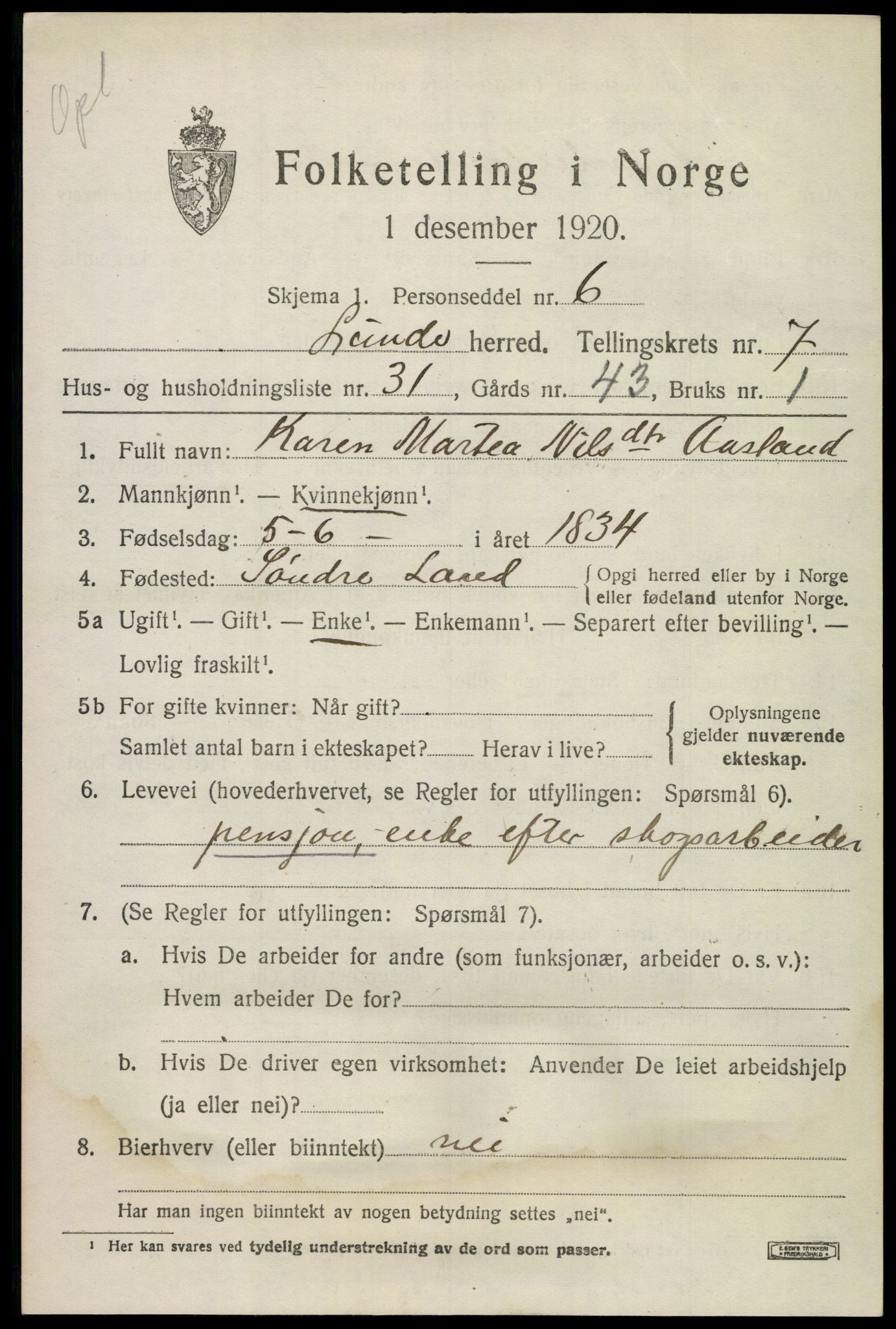 SAKO, 1920 census for Lunde, 1920, p. 5231