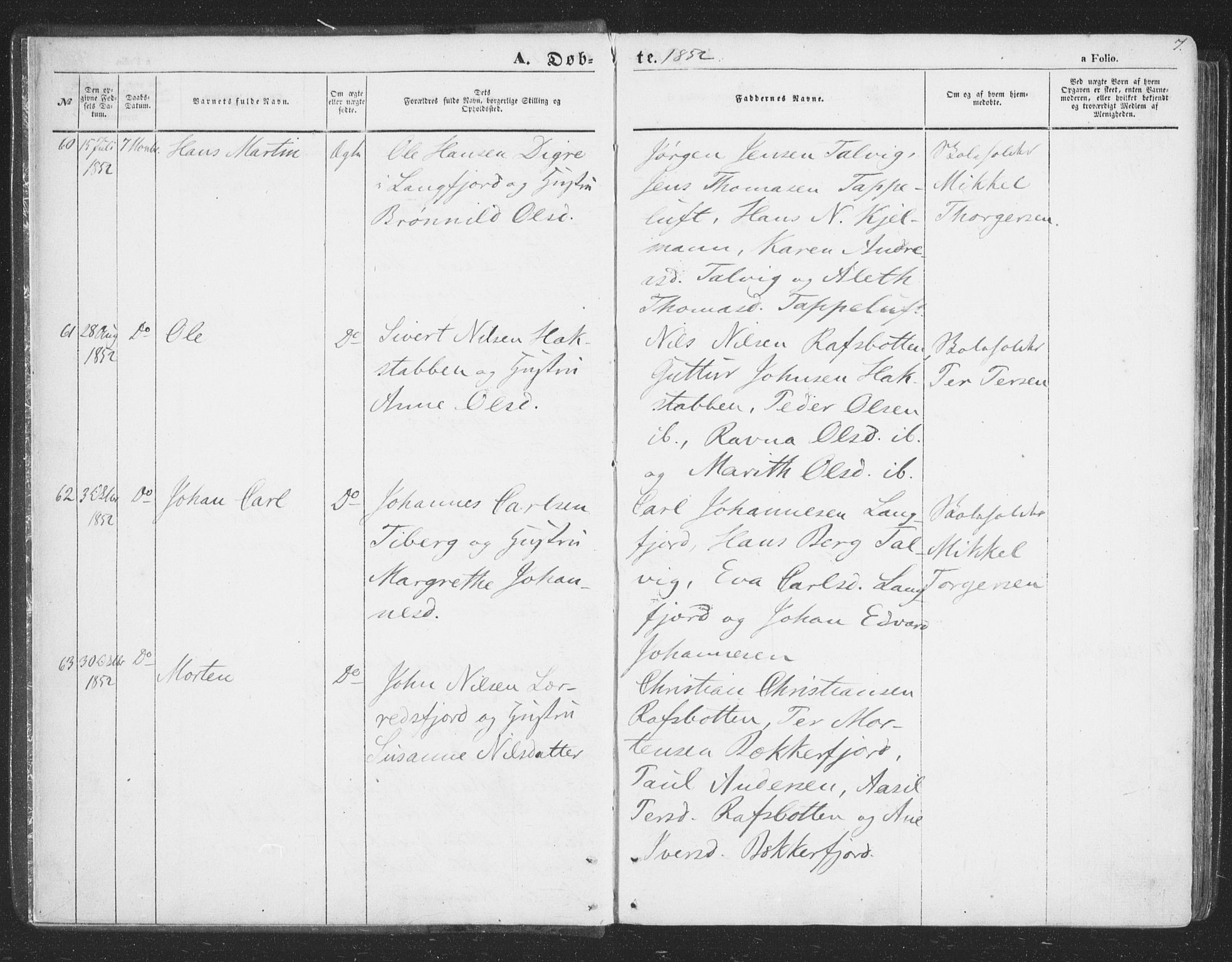 Talvik sokneprestkontor, AV/SATØ-S-1337/H/Ha/L0010kirke: Parish register (official) no. 10, 1852-1864, p. 7