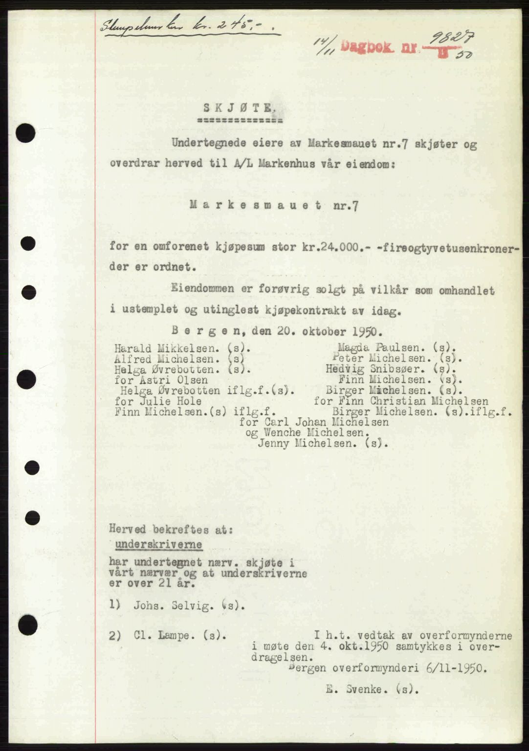 Byfogd og Byskriver i Bergen, SAB/A-3401/03/03Bc/L0034: Mortgage book no. A27-28, 1950-1950, Diary no: : 9827/1950