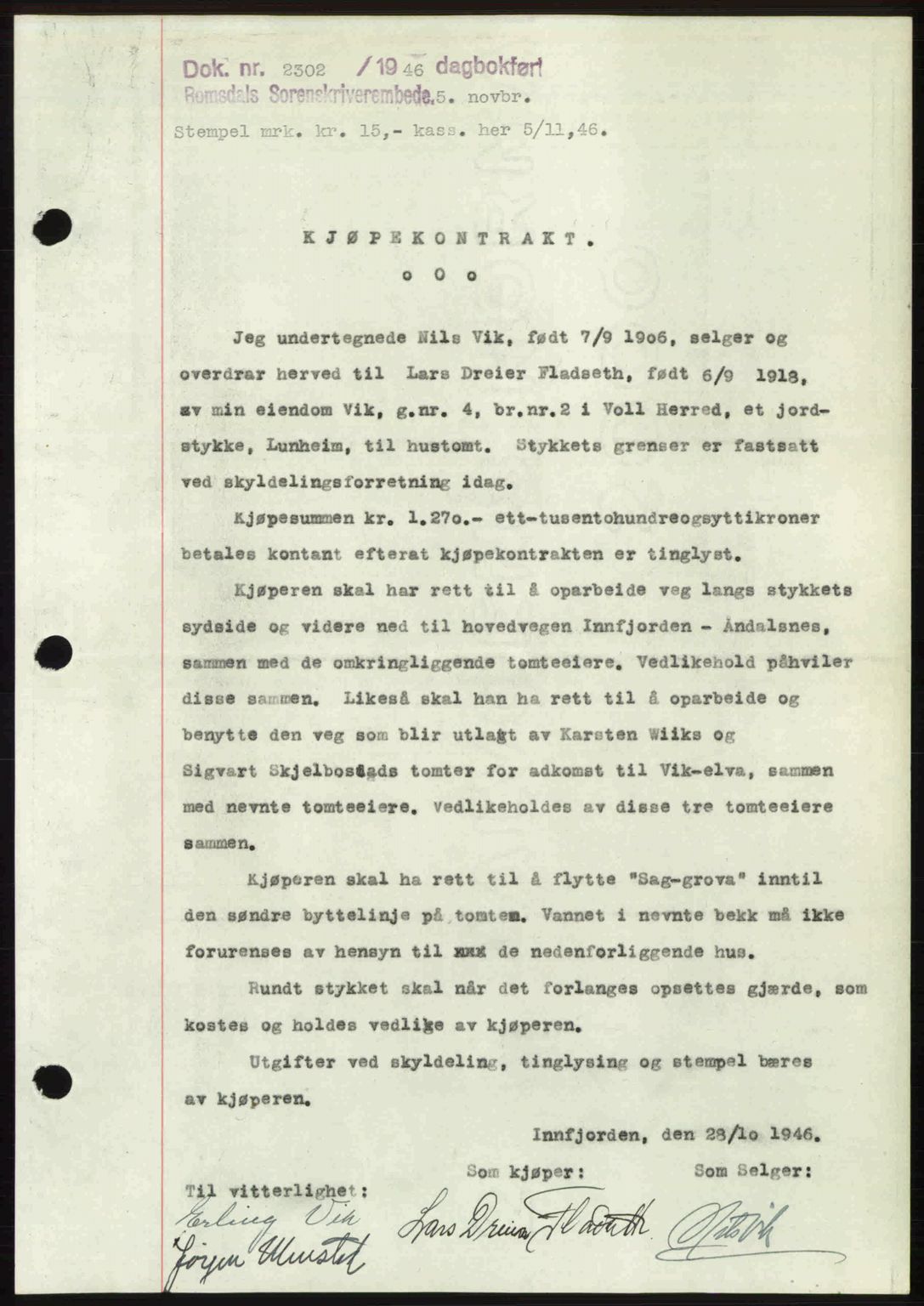 Romsdal sorenskriveri, AV/SAT-A-4149/1/2/2C: Mortgage book no. A21, 1946-1946, Diary no: : 2302/1946