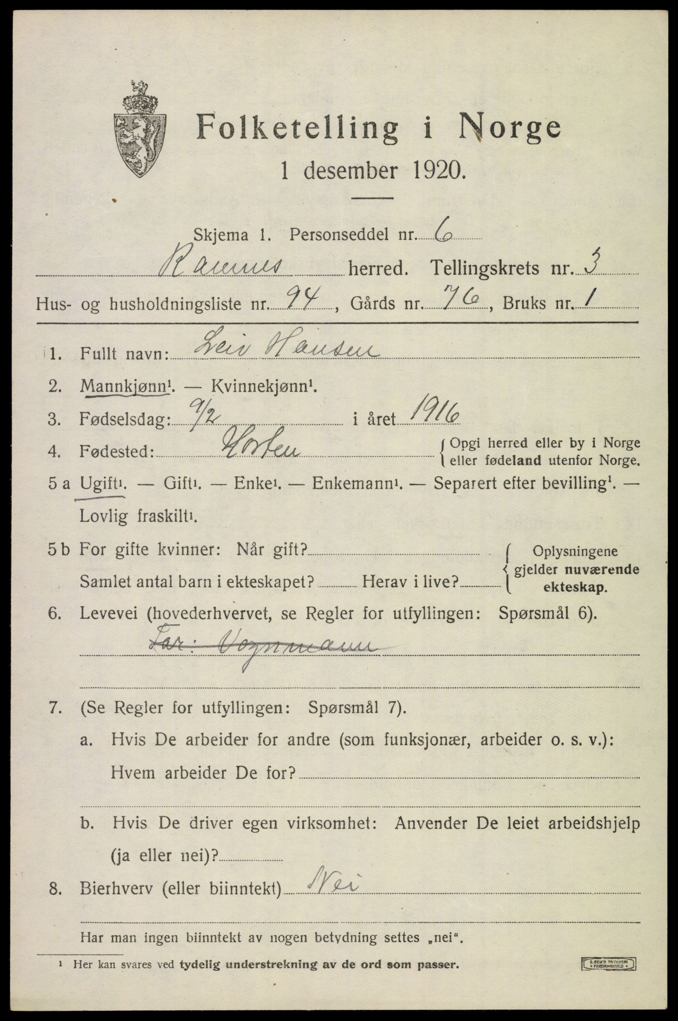 SAKO, 1920 census for Ramnes, 1920, p. 4322