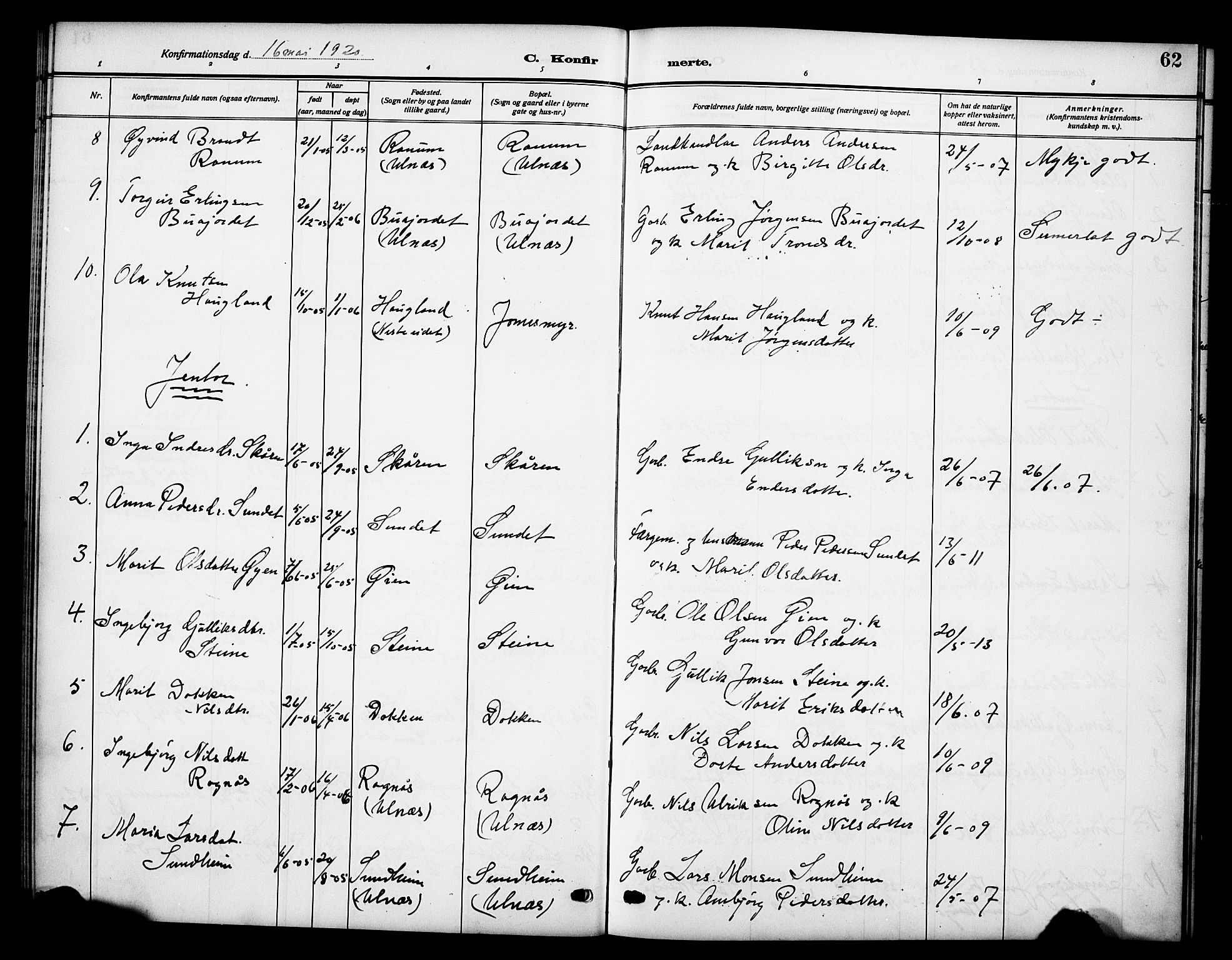 Vestre Slidre prestekontor, AV/SAH-PREST-136/H/Ha/Hab/L0007: Parish register (copy) no. 7, 1909-1930, p. 62