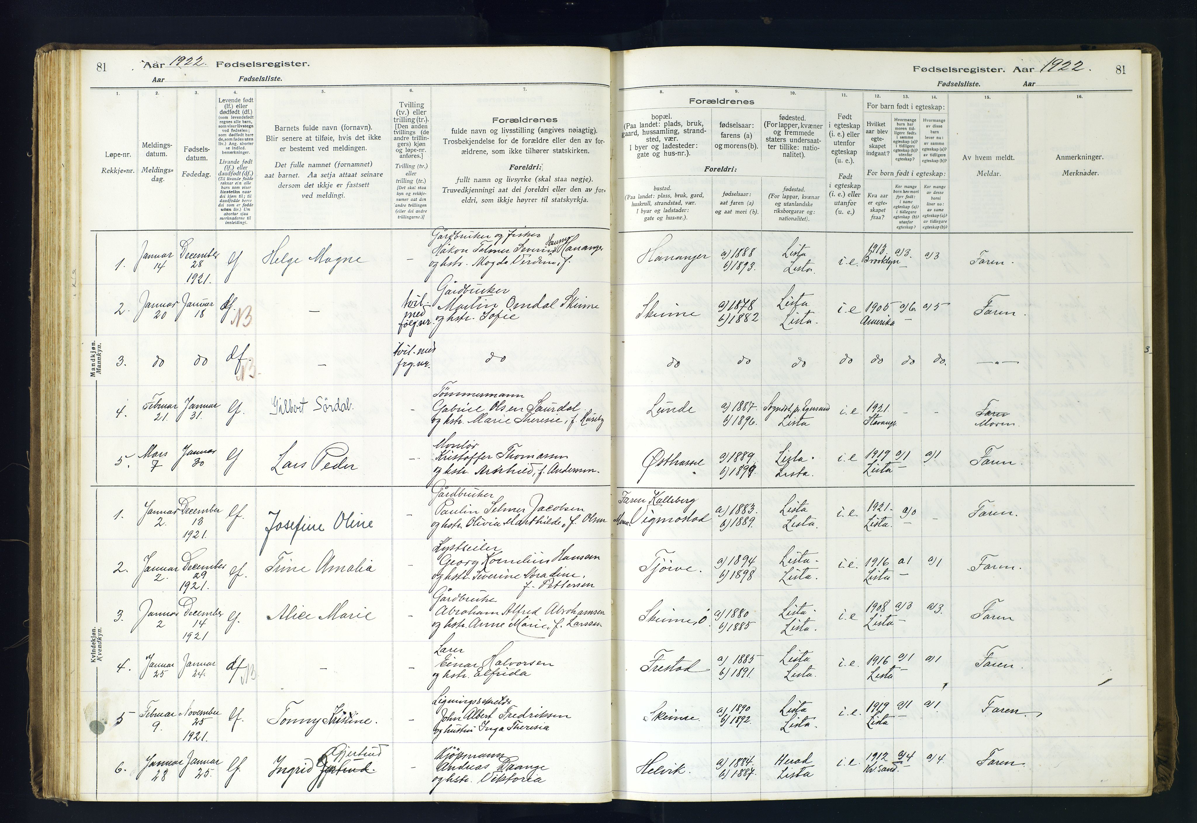 Lista sokneprestkontor, AV/SAK-1111-0027/J/Ja/L0001: Birth register no. A-VI-30, 1916-1934, p. 81