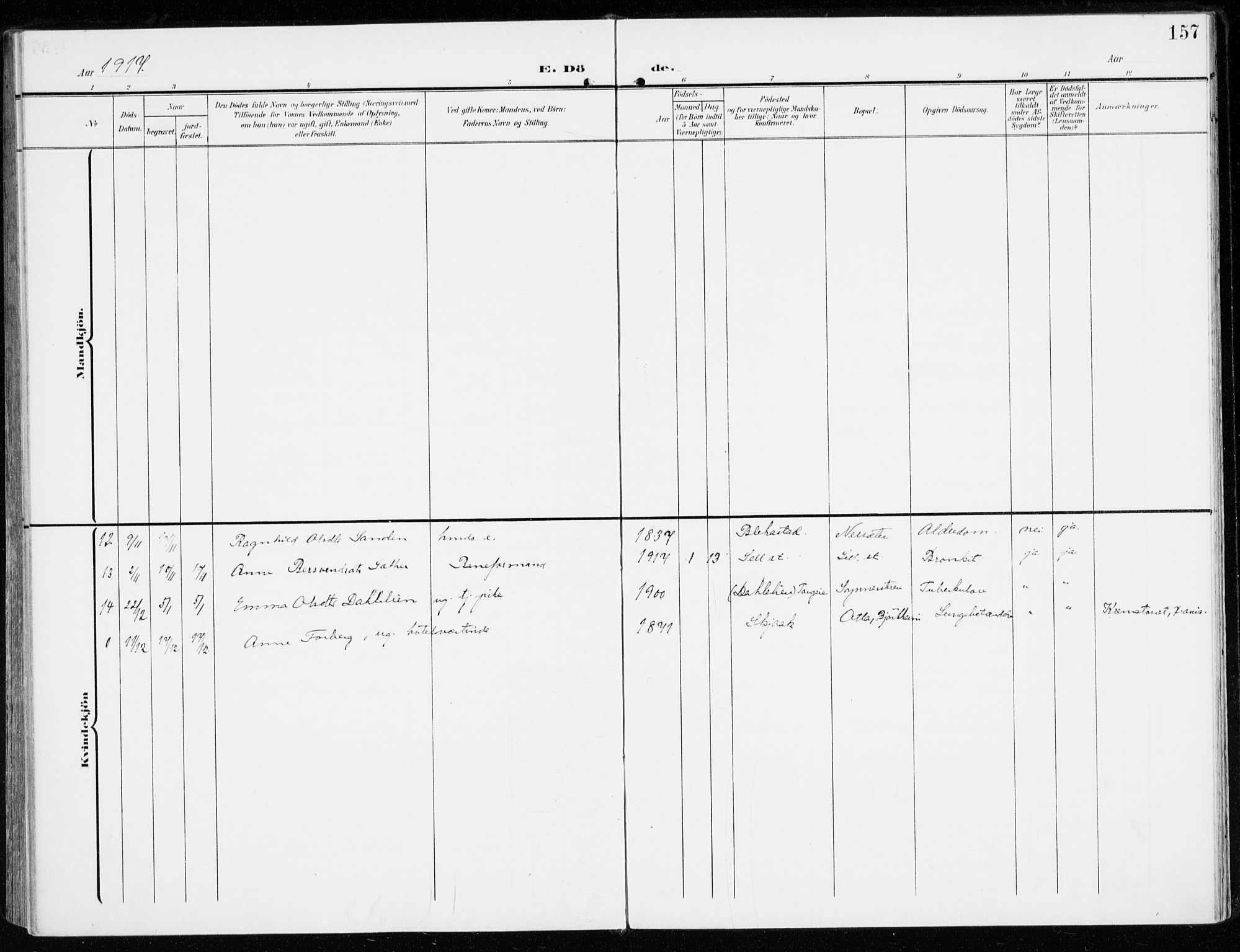 Sel prestekontor, SAH/PREST-074/H/Ha/Haa/L0002: Parish register (official) no. 2, 1905-1919, p. 157