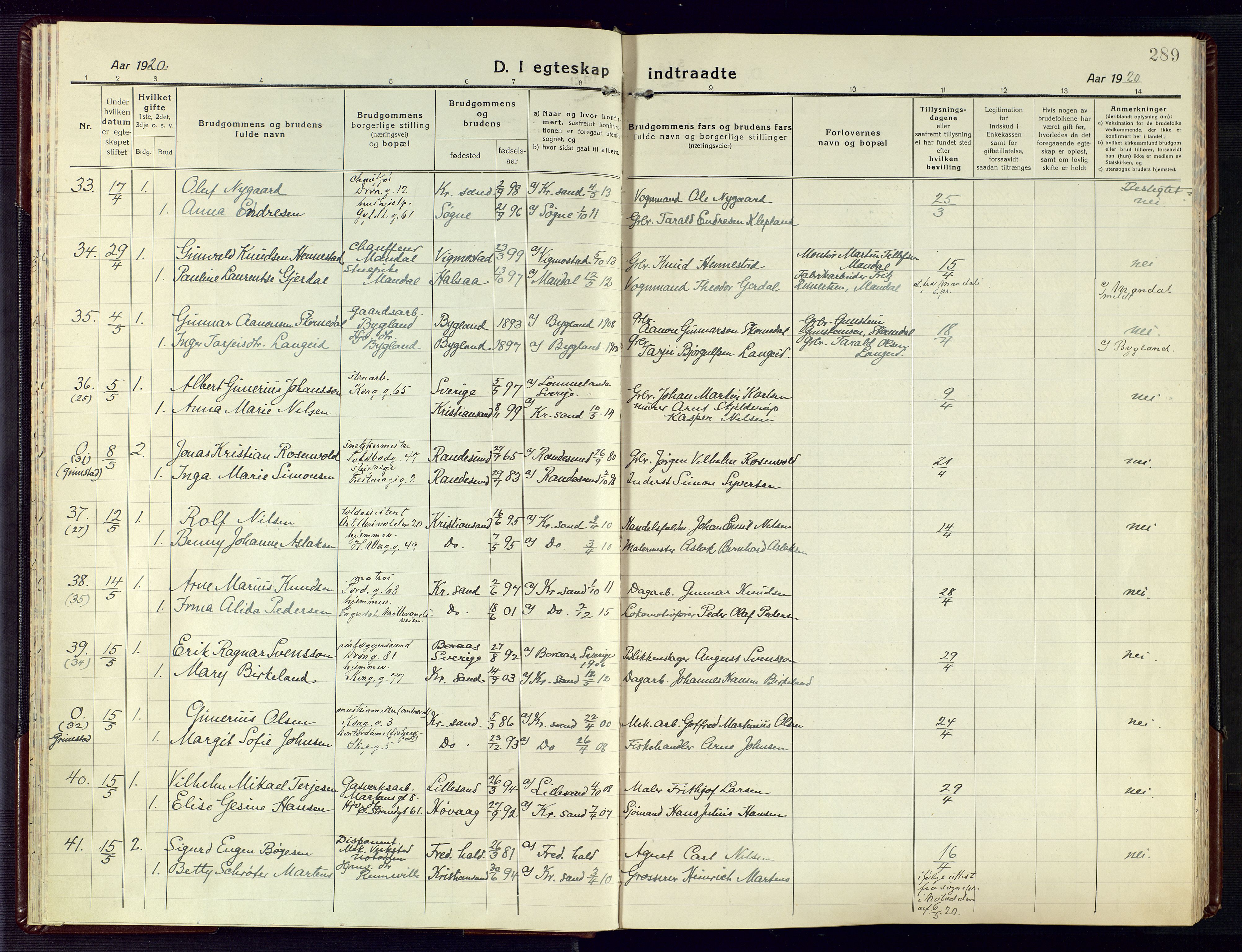 Kristiansand domprosti, AV/SAK-1112-0006/F/Fa/L0028: Parish register (official) no. A 27, 1917-1926, p. 289