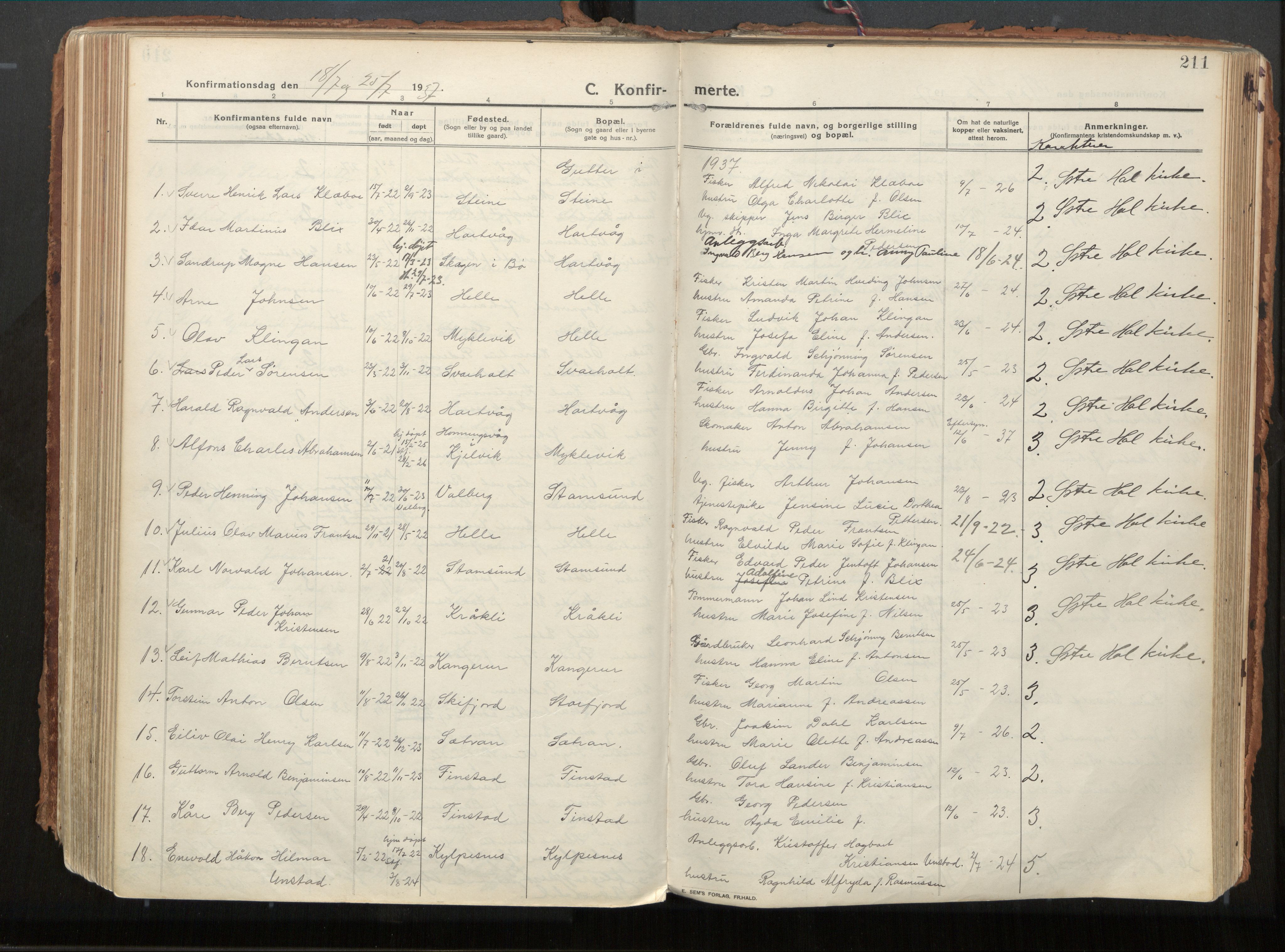 Ministerialprotokoller, klokkerbøker og fødselsregistre - Nordland, AV/SAT-A-1459/882/L1181: Parish register (official) no. 882A03, 1913-1937, p. 211