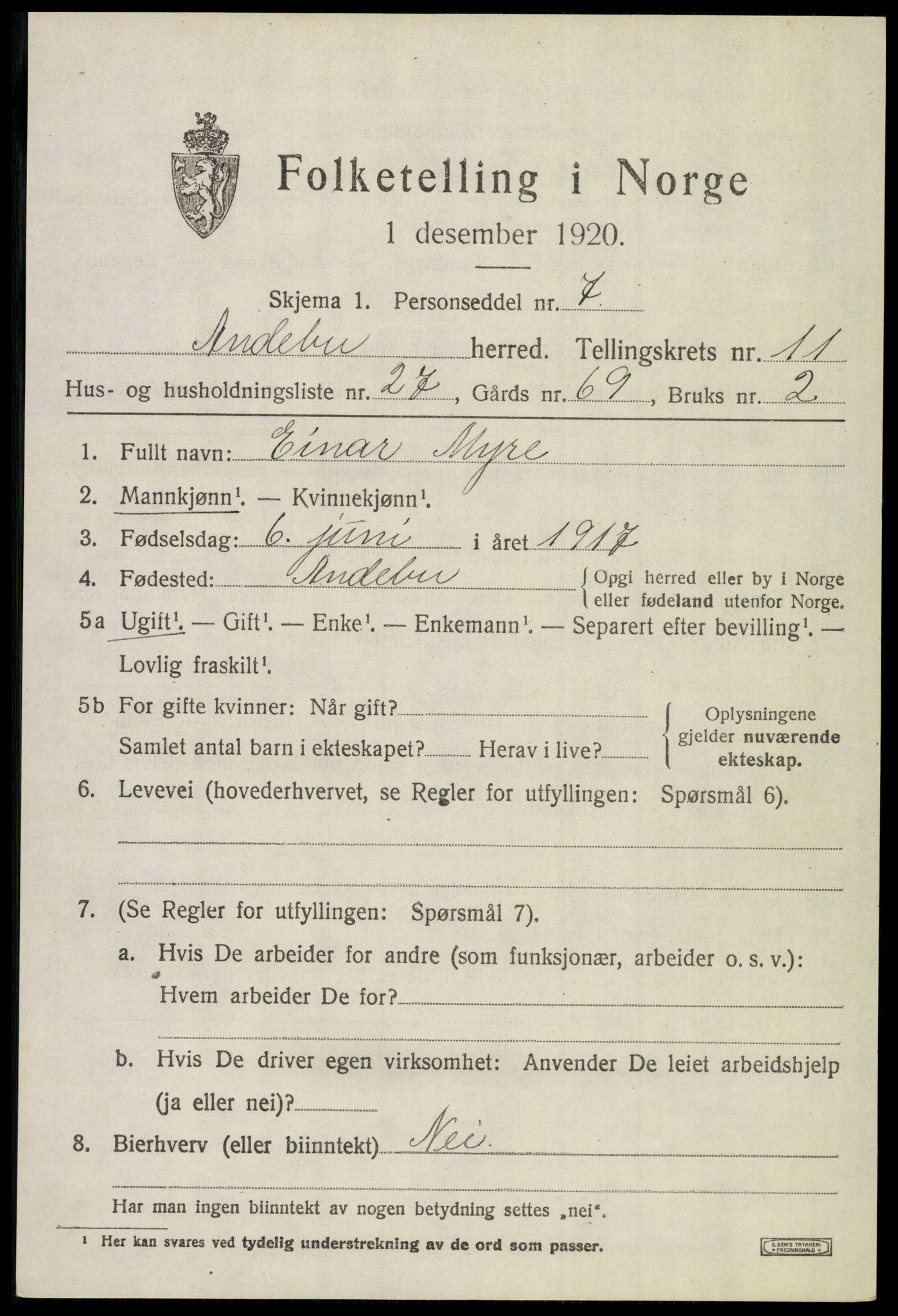 SAKO, 1920 census for Andebu, 1920, p. 4442