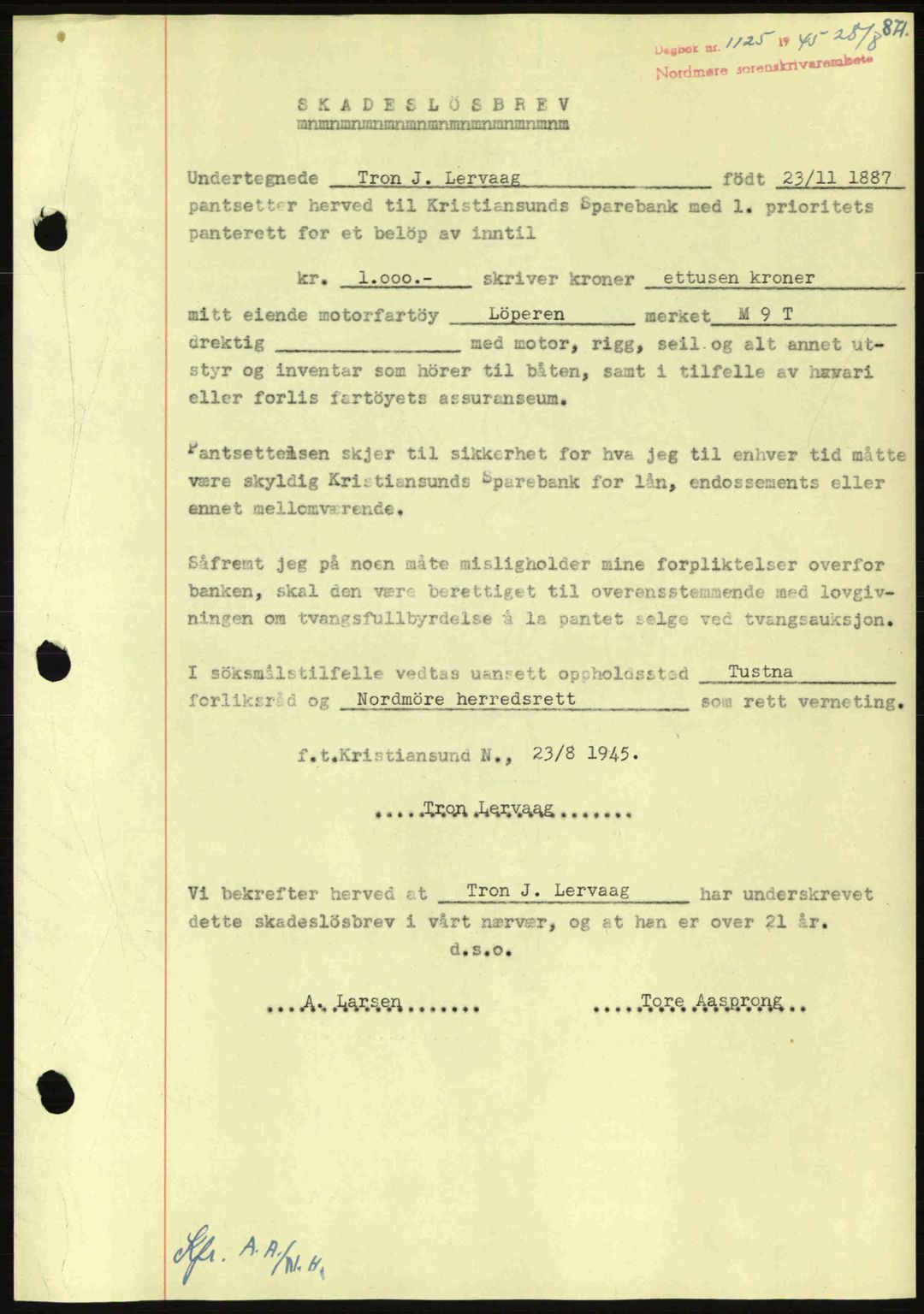 Nordmøre sorenskriveri, AV/SAT-A-4132/1/2/2Ca: Mortgage book no. B92, 1944-1945, Diary no: : 1125/1945