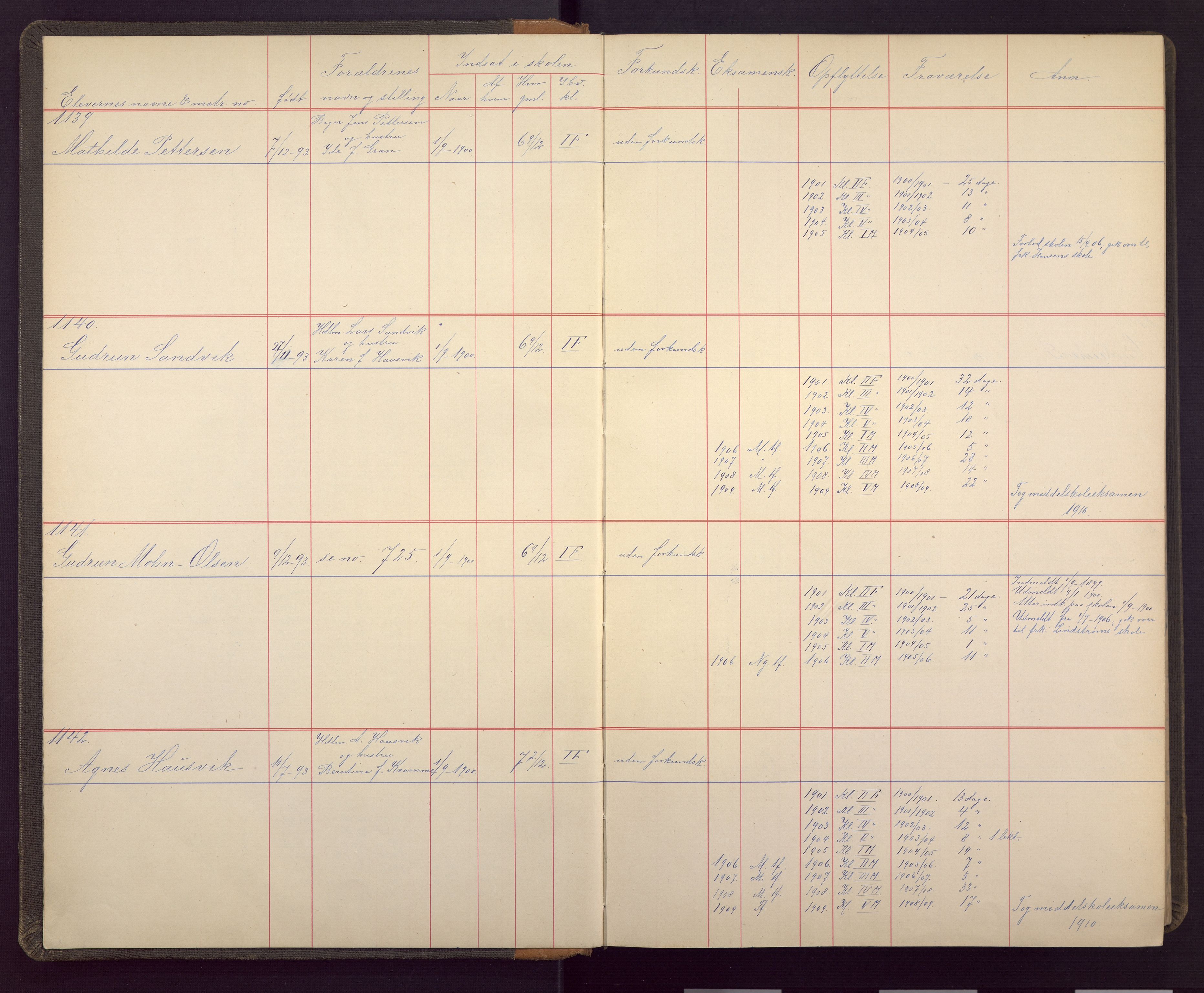 U Pihls skole, BBA/A-1248/7040/F/Fa/L0003: Matrikkelprotokoll, 1900-1921