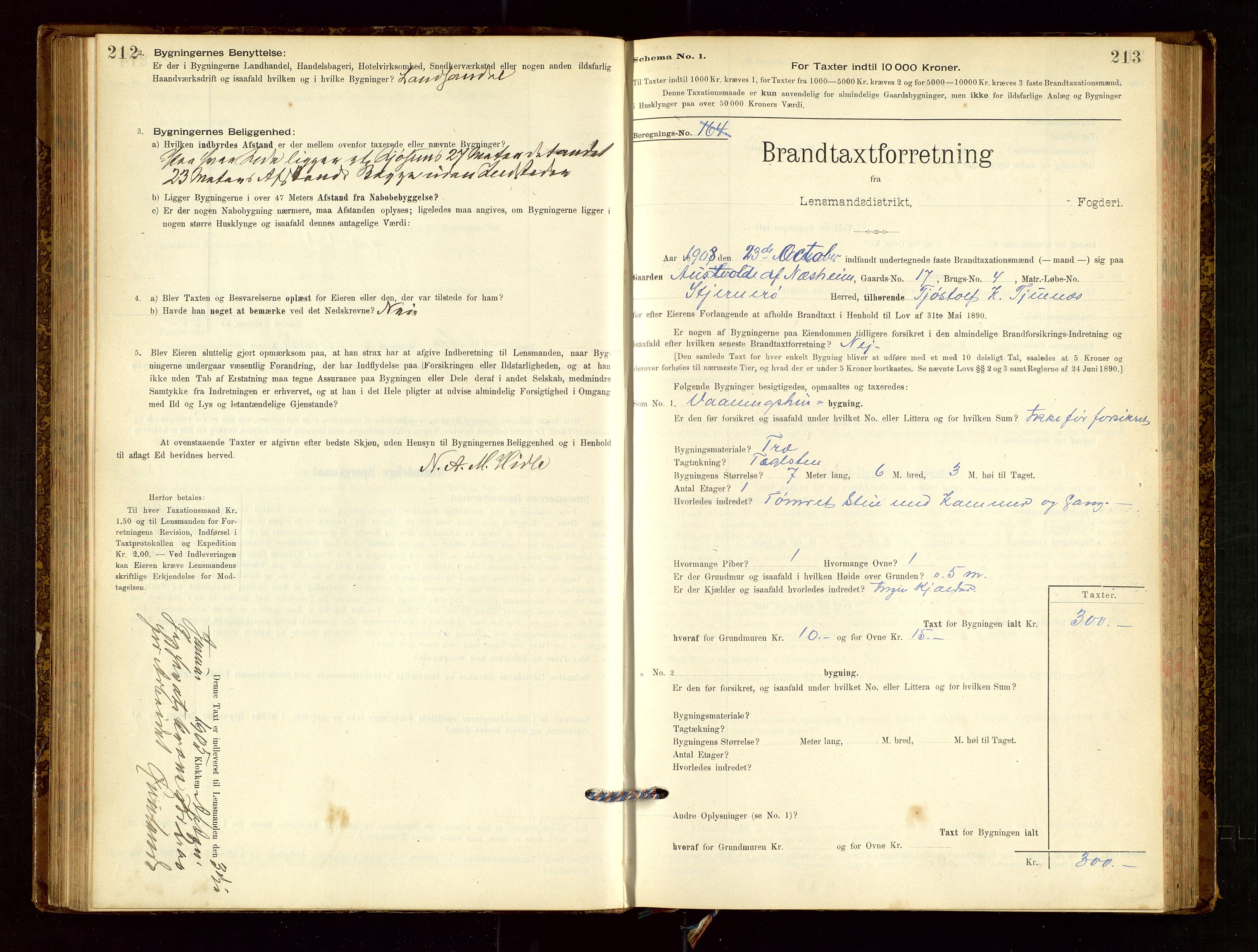 Nedstrand lensmannskontor, SAST/A-100236/Gob/L0001: "Brandtaxationsprotokol for Nerstrand Lensmandsdistrikt Ryfylke fogderi", 1895-1915, p. 212-213