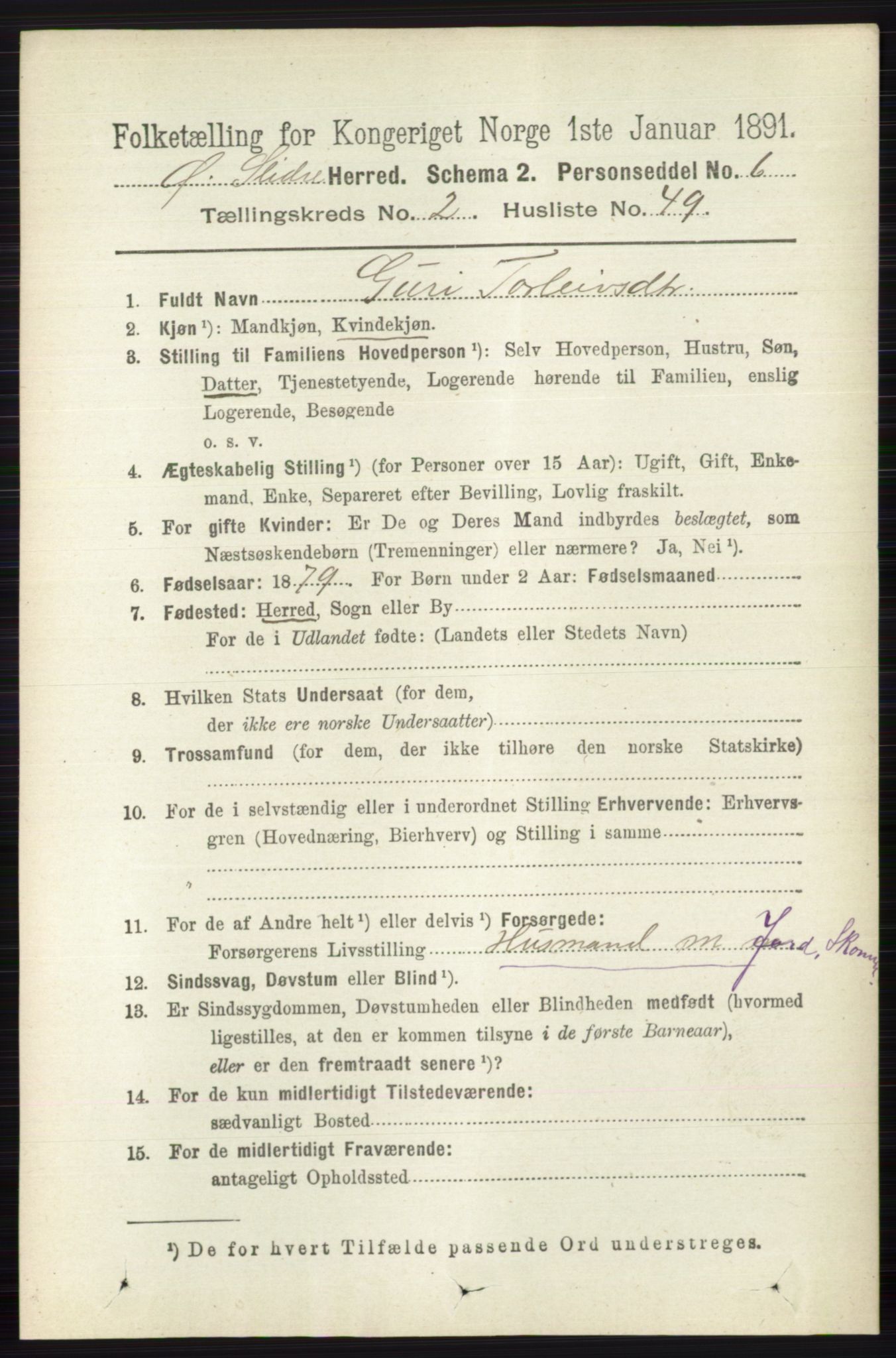 RA, 1891 census for 0544 Øystre Slidre, 1891, p. 537