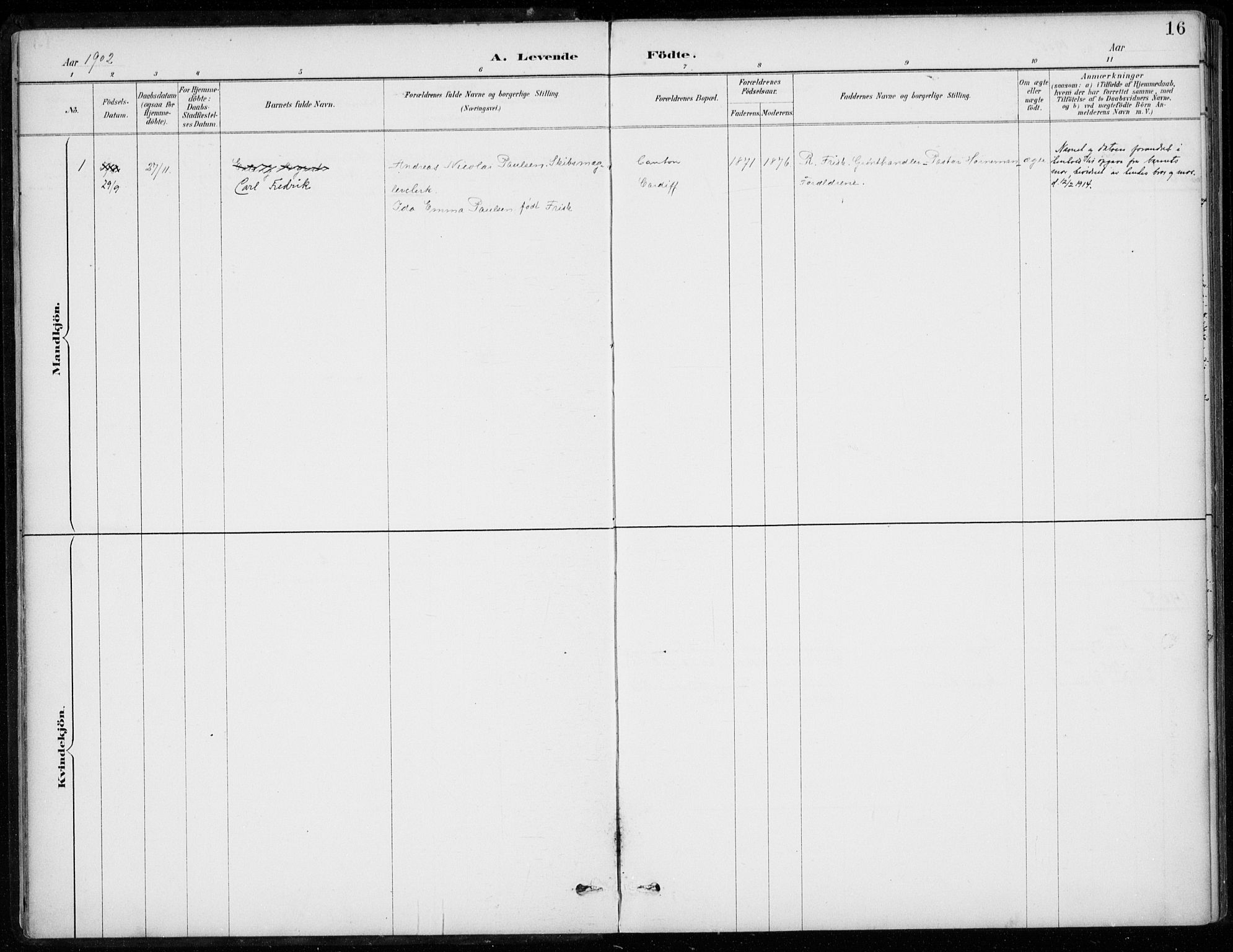 Den norske sjømannsmisjon i utlandet/Bristolhavnene(Cardiff-Swansea), SAB/SAB/PA-0102/H/Ha/Haa/L0002: Parish register (official) no. A 2, 1887-1932, p. 16