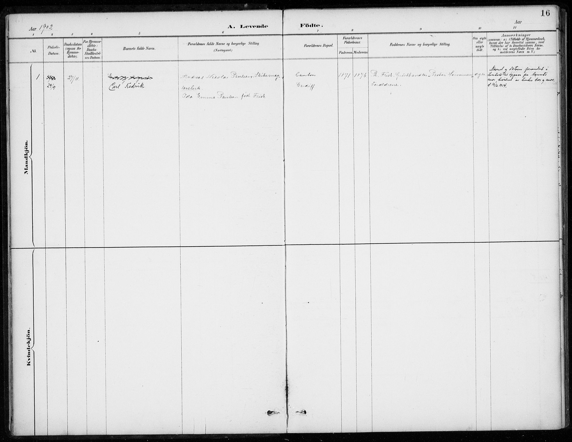 Den norske sjømannsmisjon i utlandet/Bristolhavnene (Cardiff-Swansea), AV/SAB-SAB/PA-0102/H/Ha/Haa/L0002: Parish register (official) no. A 2, 1887-1932, p. 16