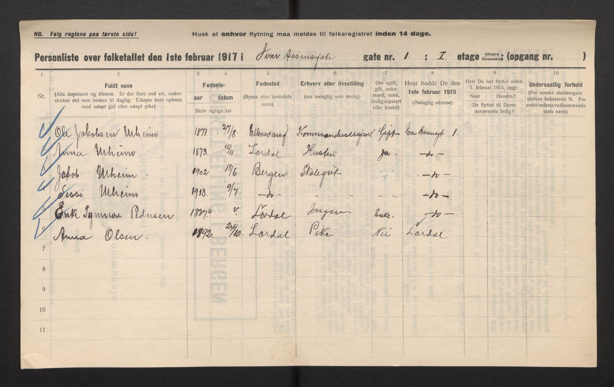 SAB, Municipal Census 1917 for Bergen, 1917, p. 15030