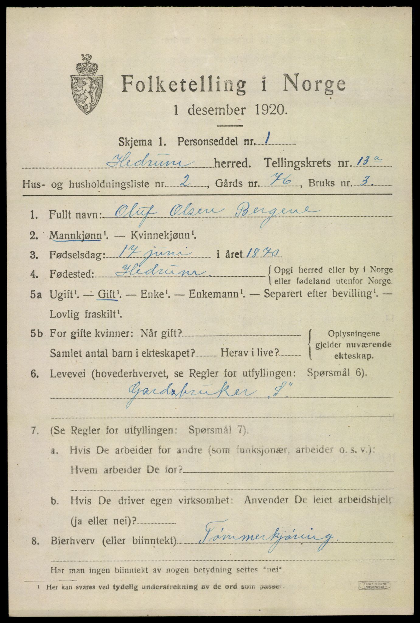 SAKO, 1920 census for Hedrum, 1920, p. 8603